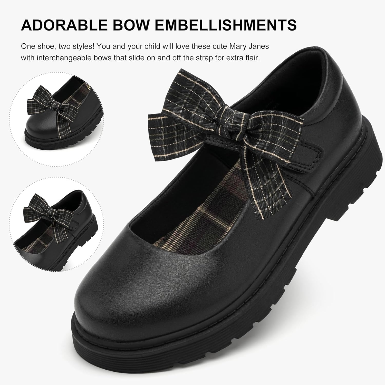 Stelle Girls Mary Jane Shoes School Uniform Flats Dress Shoes Detachable Bow Chunky Formal for Little/Big Kids(Black)