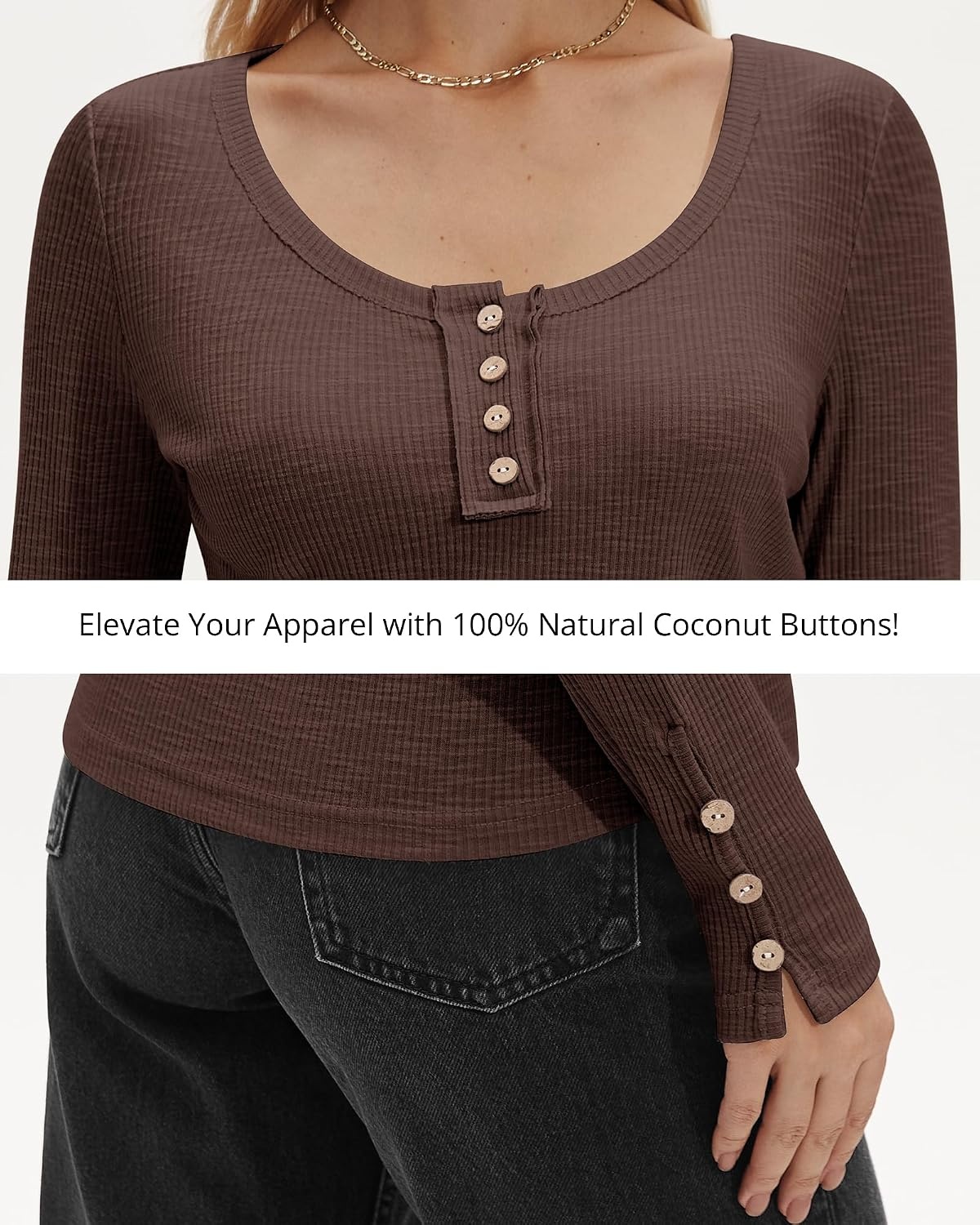 Stelle Women’s Long Sleeve Henley T Shirts Button Ribbed Knit Loose Fit Basic Tops Fall Fashion Outfits(Coffee)