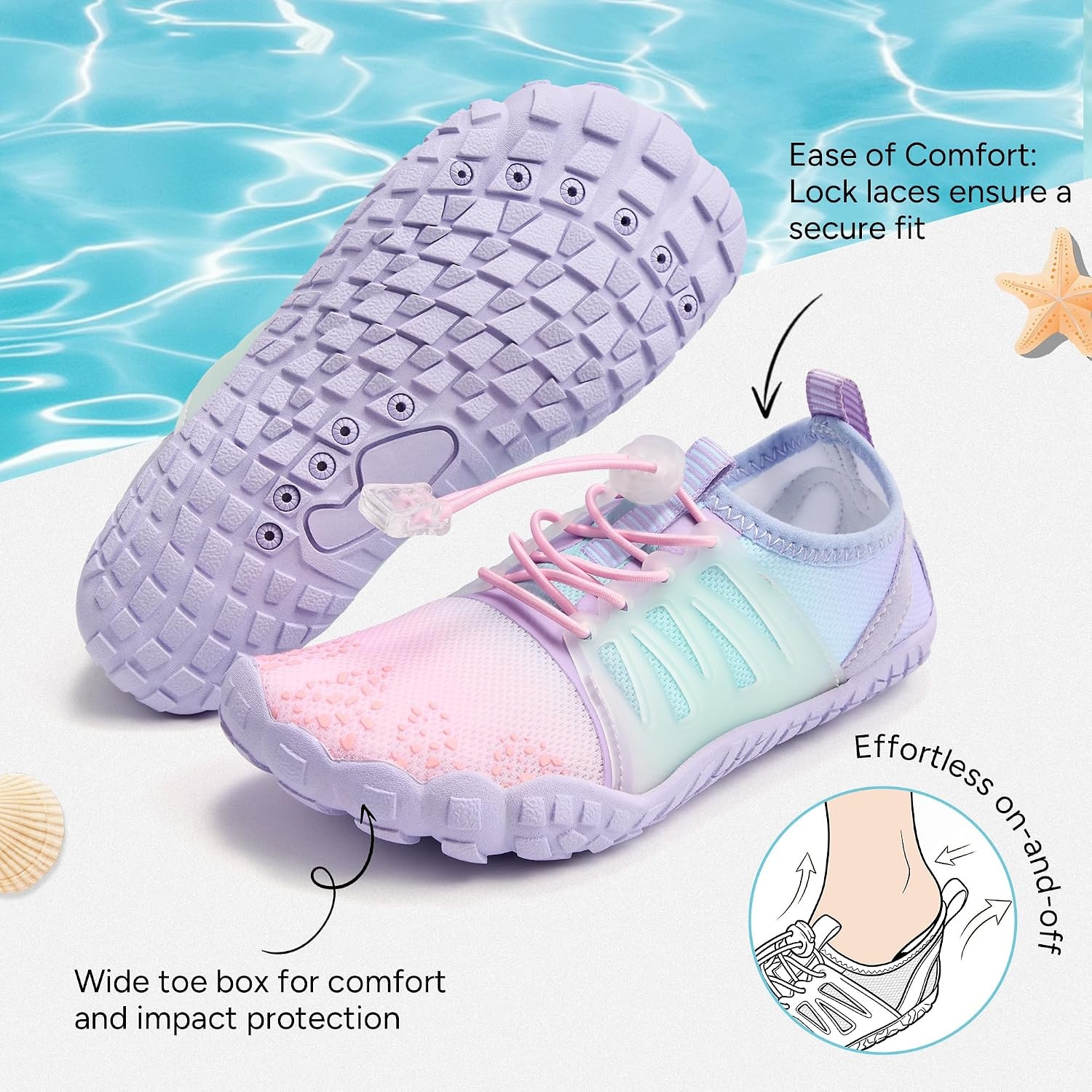Stelle Kids Water Shoes TPU-Reinforced Barefoot | Non-Slip Quick Dry Packable Design with Cord-Lock Drawstring for Boys Girls-Beach Pool Hiking,Toddler to Big Kid(Mermaid Ombre)