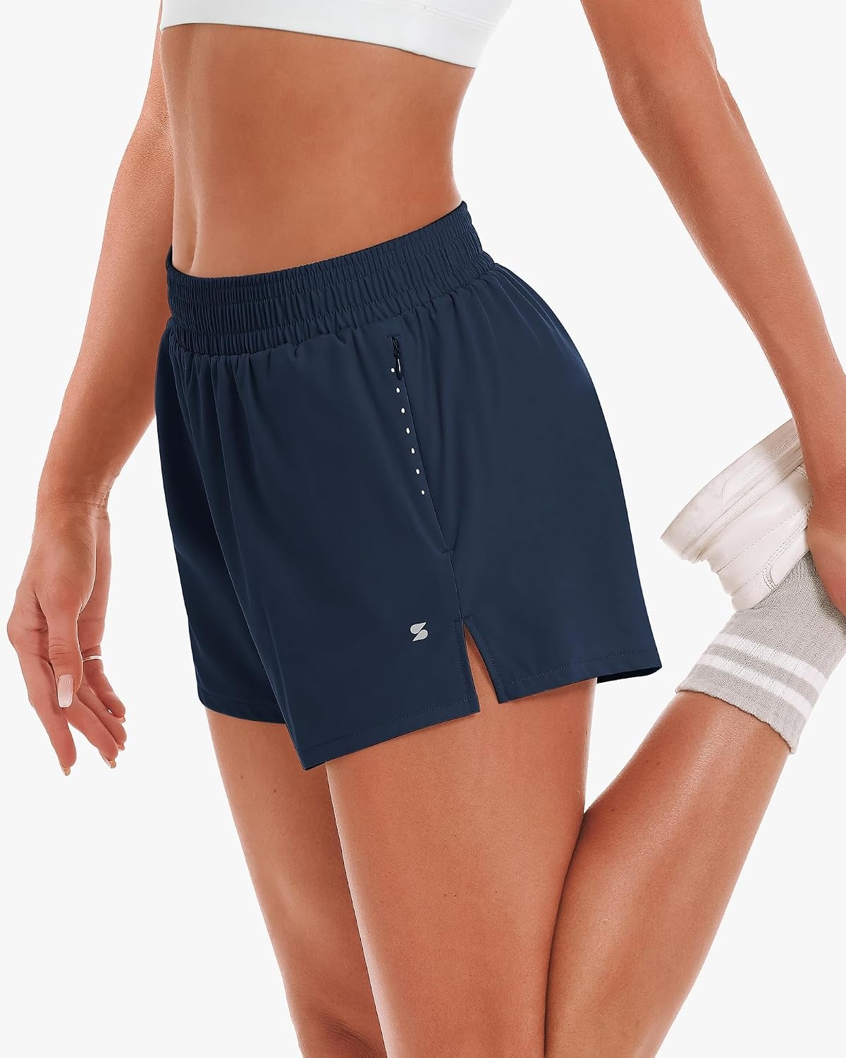 Stelle Women’s 3.5″ High Waisted Running Shorts Quick-Dry Gym Shorts Workout Athletic Shorts Mesh Liner with Zipper Pockets(Navy)