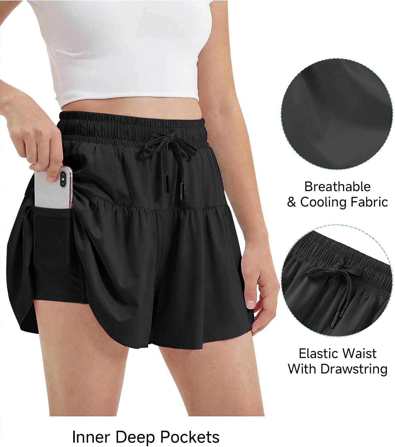 Stelle Girls 2 in 1 Butterfly Shorts Flowy Athletic Shorts with Pocket(Black)