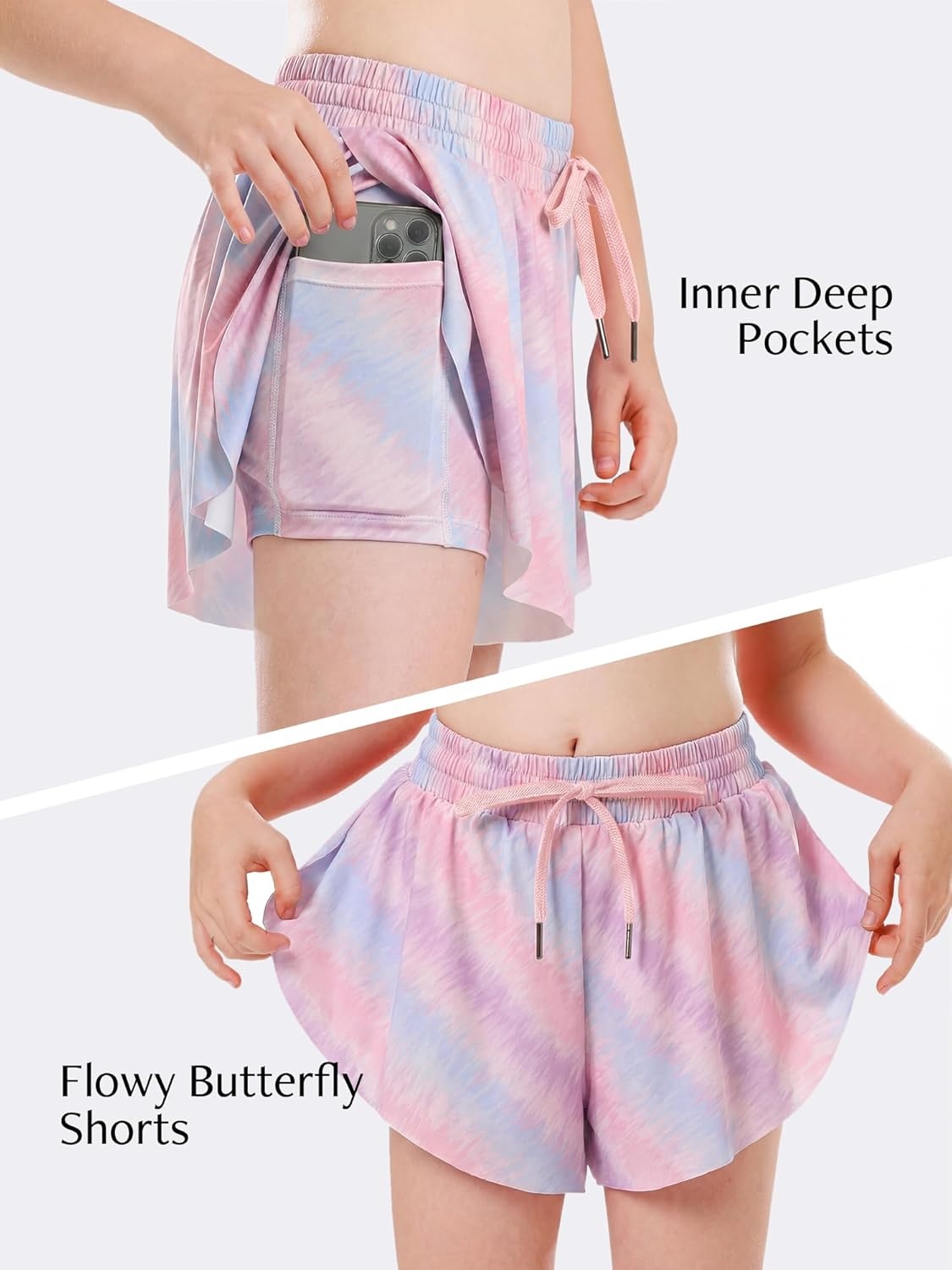 Stelle Girls Flowy Shorts with Pockets Athletic Running Skirt High Waist Butterfly 2 in 1 Sports Short 5-16 Years(Sugar Swirl)