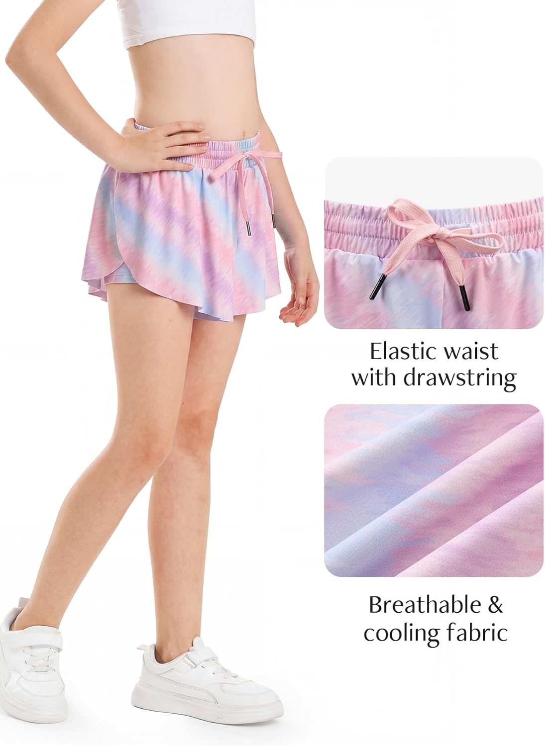 Stelle Girls Flowy Shorts with Pockets Athletic Running Skirt High Waist Butterfly 2 in 1 Sports Short 5-16 Years(Sugar Swirl)