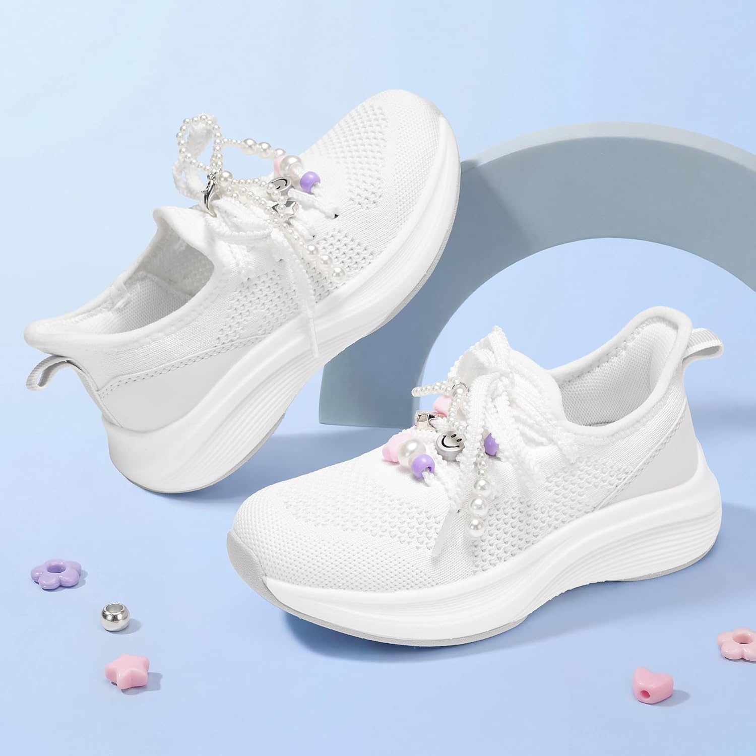 Stelle Girls Tennis Shoes with Slip-On Kids Running Shoes(White)