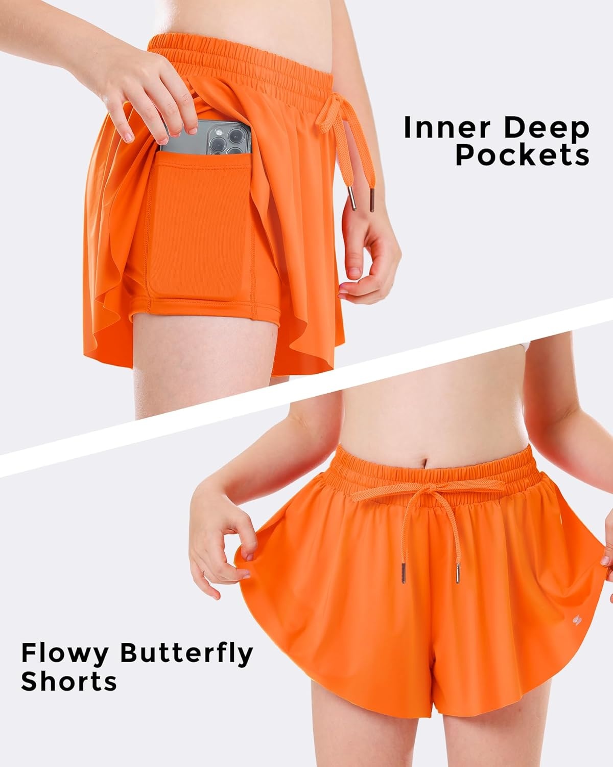 Stelle Girls Flowy Shorts with Pockets Athletic Running Skirt High Waist Butterfly 2 in 1 Sports Short 5-16 Years(Orange)