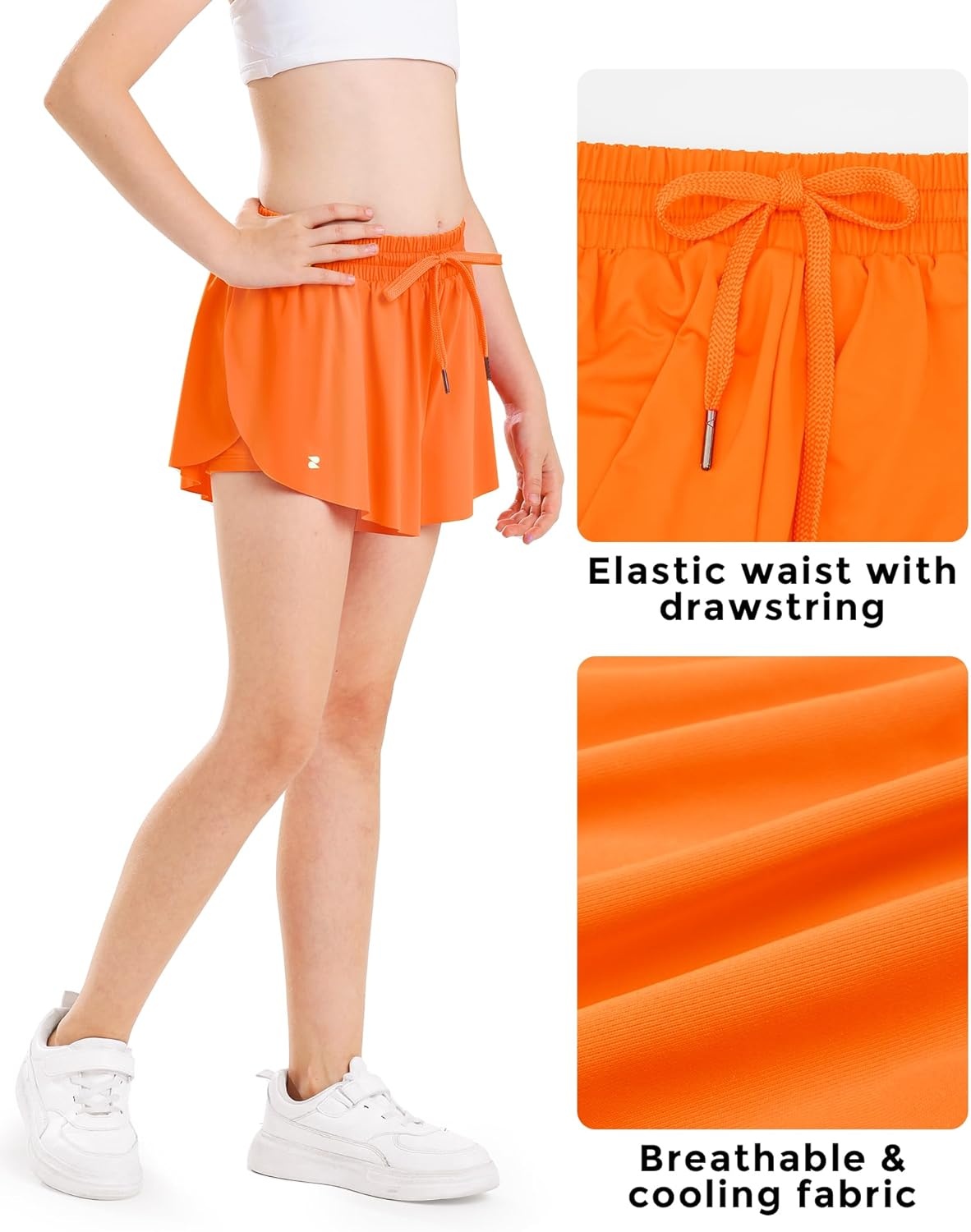 Stelle Girls Flowy Shorts with Pockets Athletic Running Skirt High Waist Butterfly 2 in 1 Sports Short 5-16 Years(Orange)