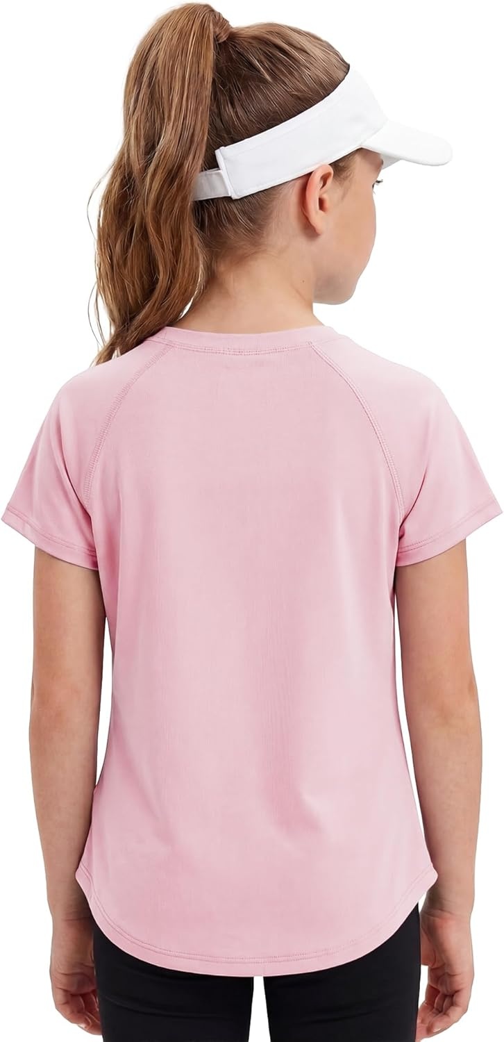 Stelle Girls Athletic Shirts Short Sleeve Crewneck T Shirts Active Sports Top Soccer Gym Workout Tshirt Summer Tees for Kid(Light Pink)