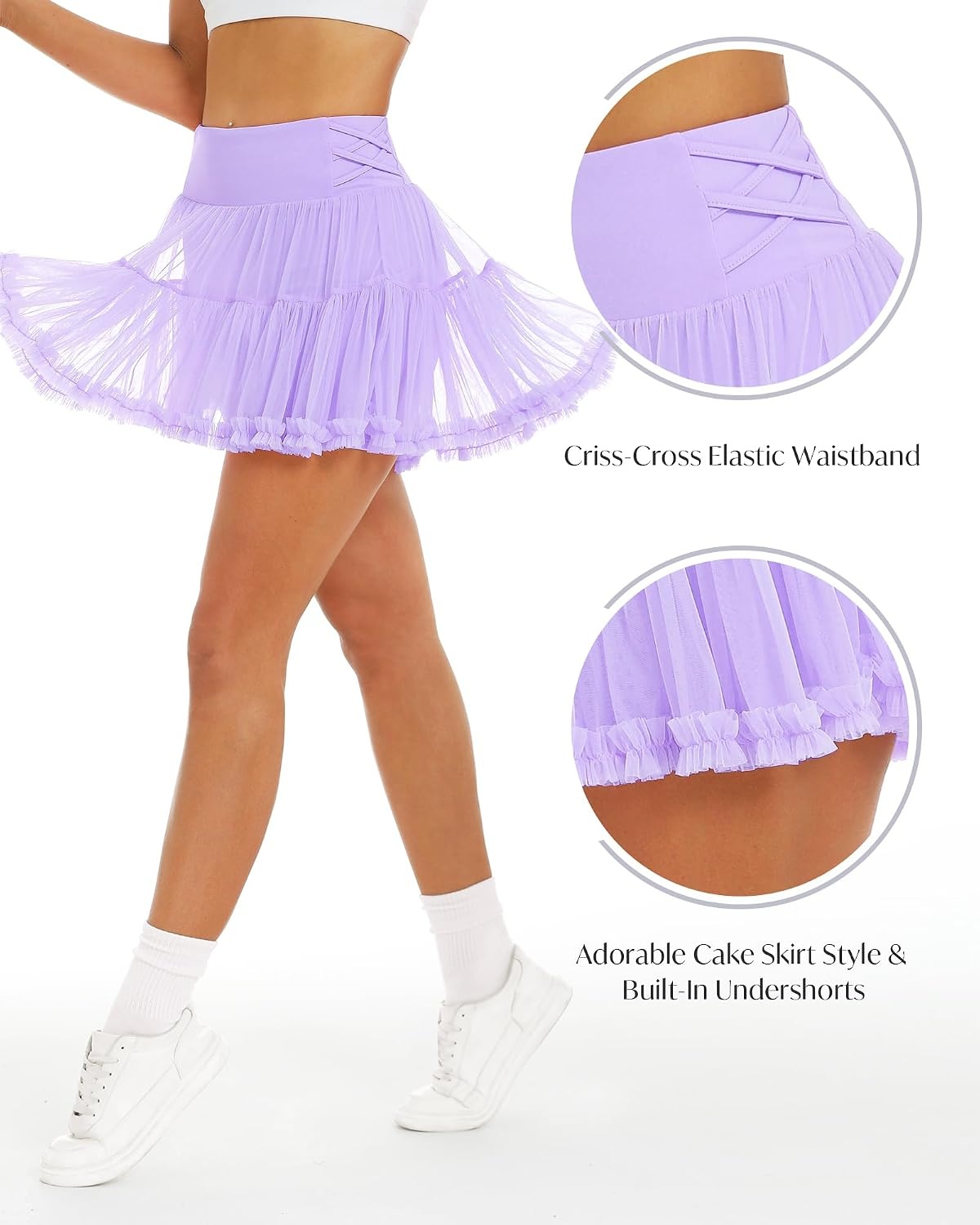 Stelle Women’s High Waist Athletic Skorts with Shorts Pockets Ruffle Flowy Mini Cake Skirt Layered Pleated Cute Casual Summer(Lilac)