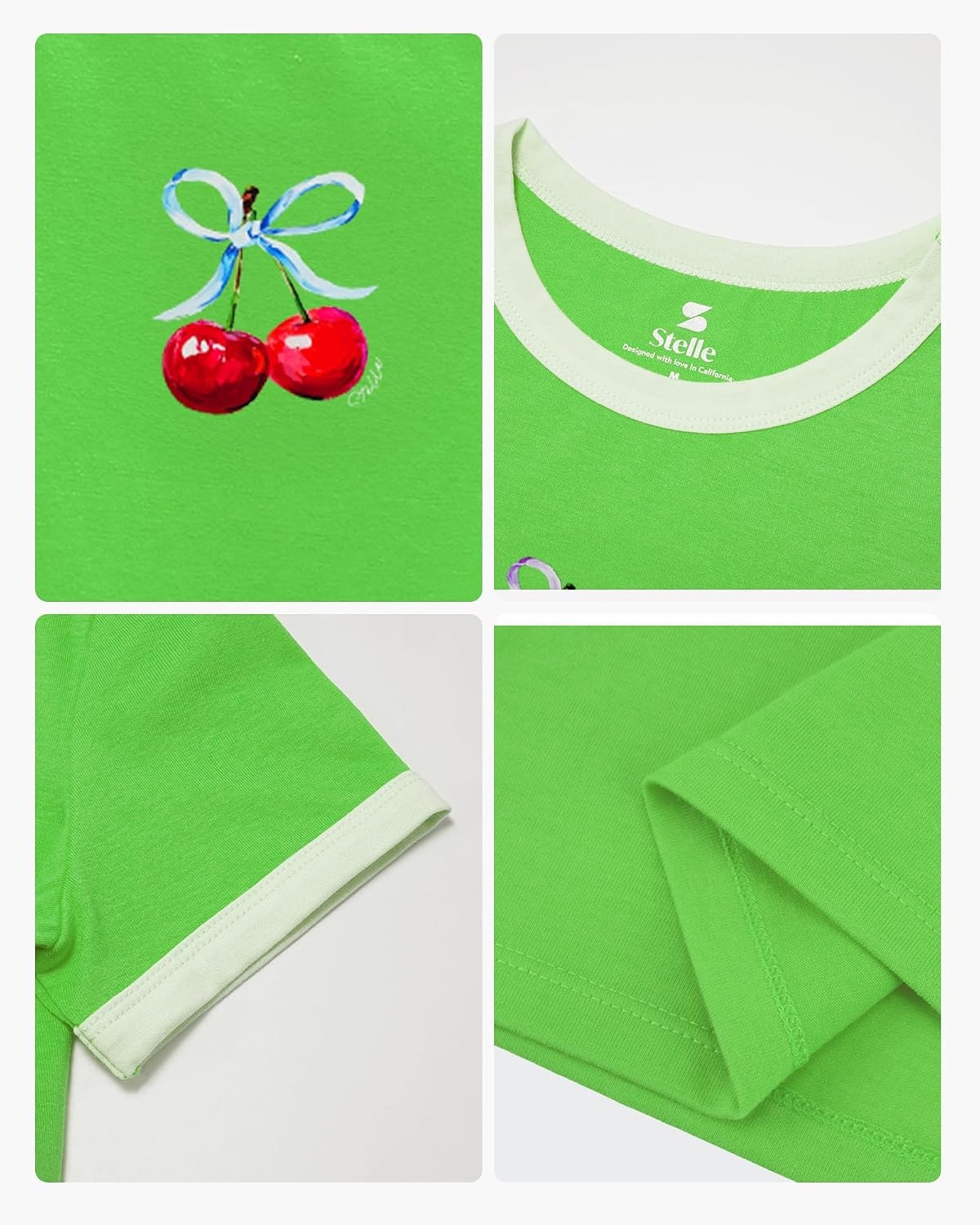 Stelle Girls Retro Graphic T Shirt Soft Stretch Crewneck for School(Very Cherry|green)