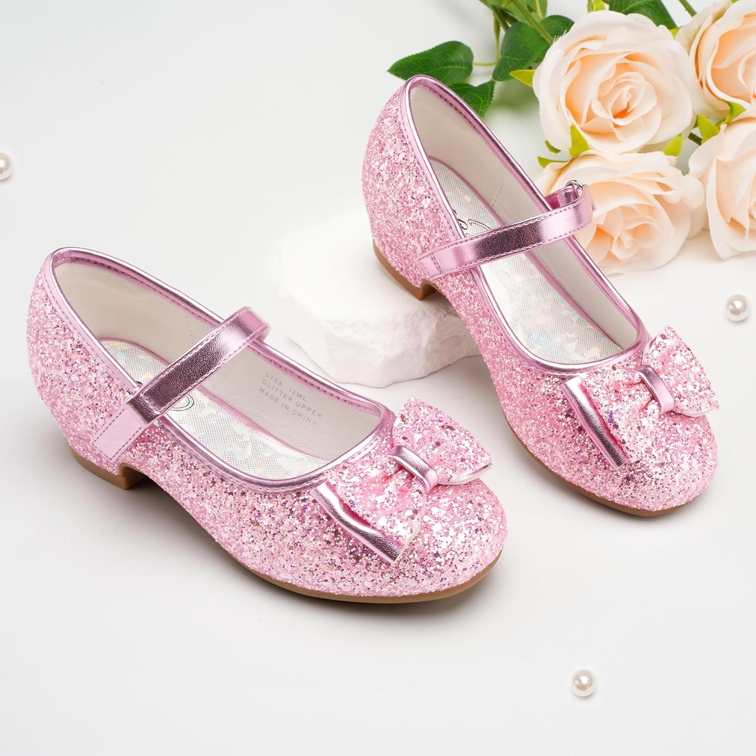 Stelle Girls Dress Shoes Glitter Princess Shoe Flower Mary Jane Low Heels Party Wedding Prom Footwear for Toddler Kids(T08-pink)