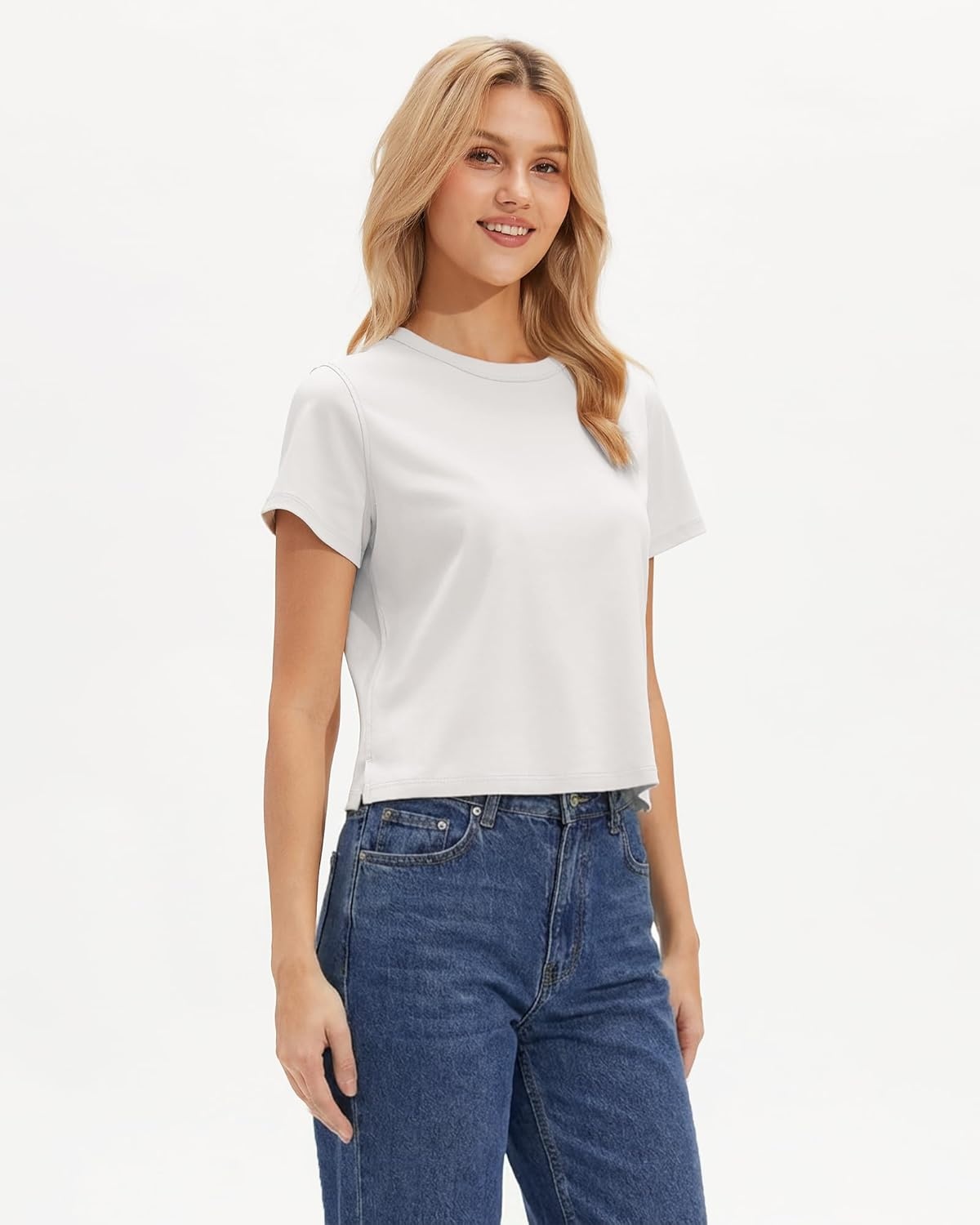 Stelle Women’s Short Sleeve Crewneck T-Shirts Cotton Basic Tees Summer Casual Solid Crop Tops(White)