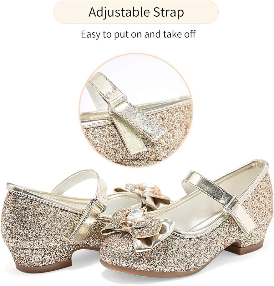 Stelle Girls Dress Shoes Glitter Princess Shoe Flower Mary Jane Low Heels Party Wedding Prom Footwear for Toddler Kids(T13-gold Glitter)