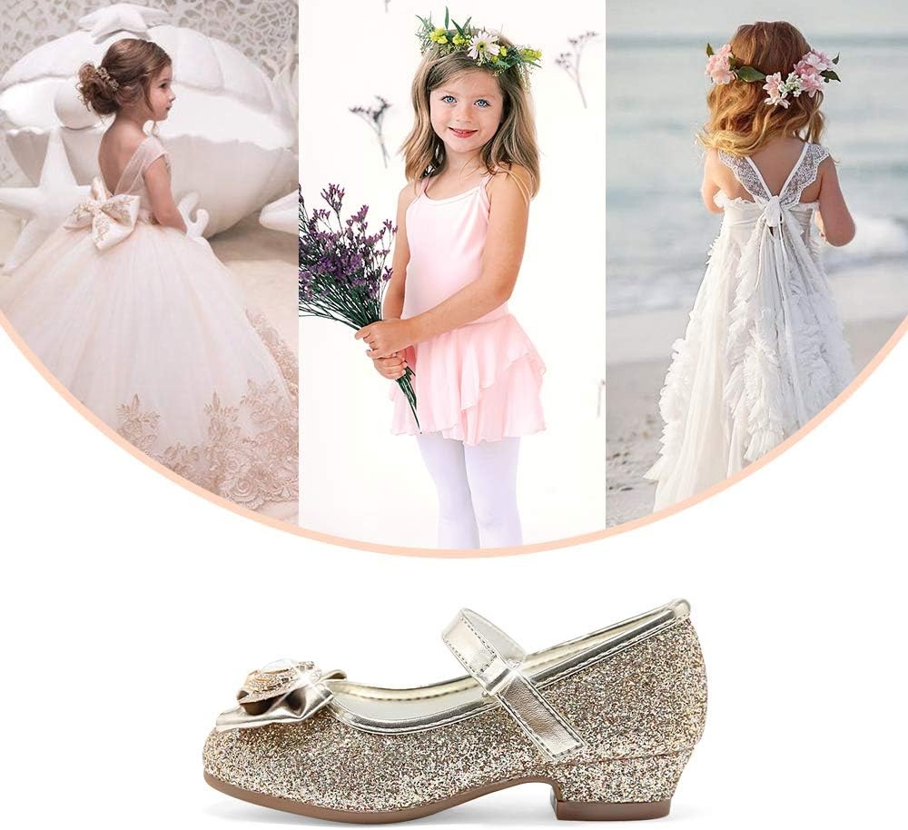 Stelle Girls Dress Shoes Glitter Princess Shoe Flower Mary Jane Low Heels Party Wedding Prom Footwear for Toddler Kids(T13-gold Glitter)