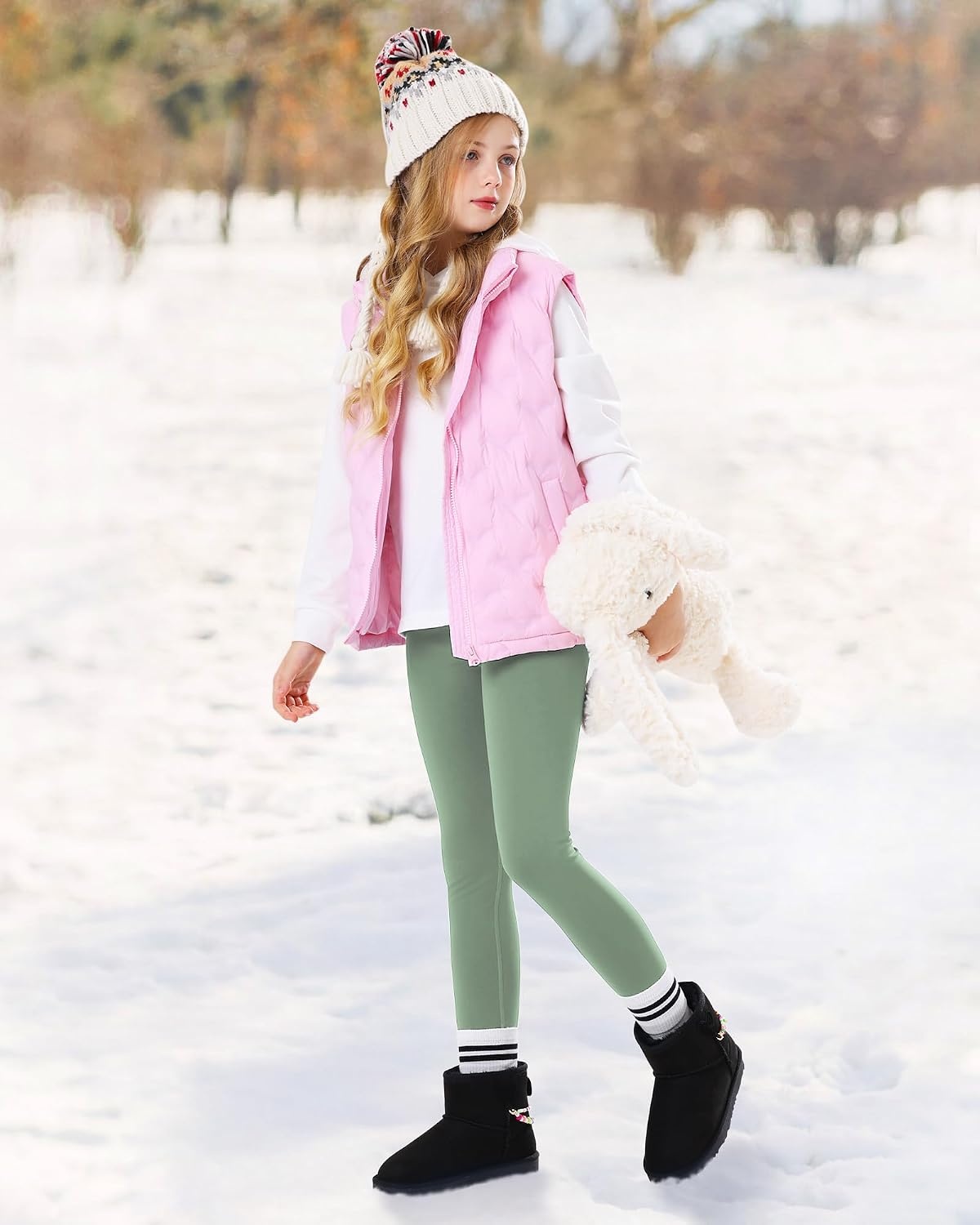 Stelle Girls Fleece Lined Leggings with Hidden Pocket High Waisted Pants(Jade Green)