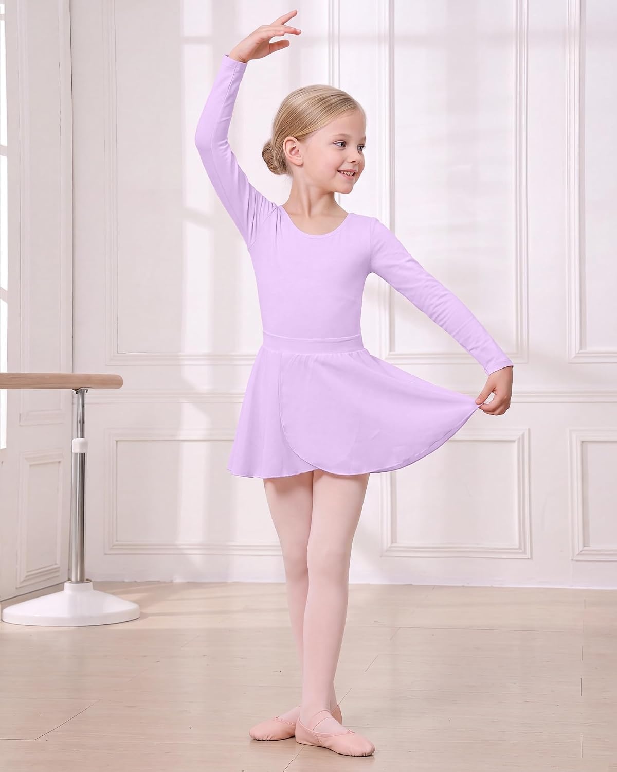 Stelle Girls Ballet Leotards Dance Outfits with Skirt and Footed Tights(04-lavender-long Sleeve)