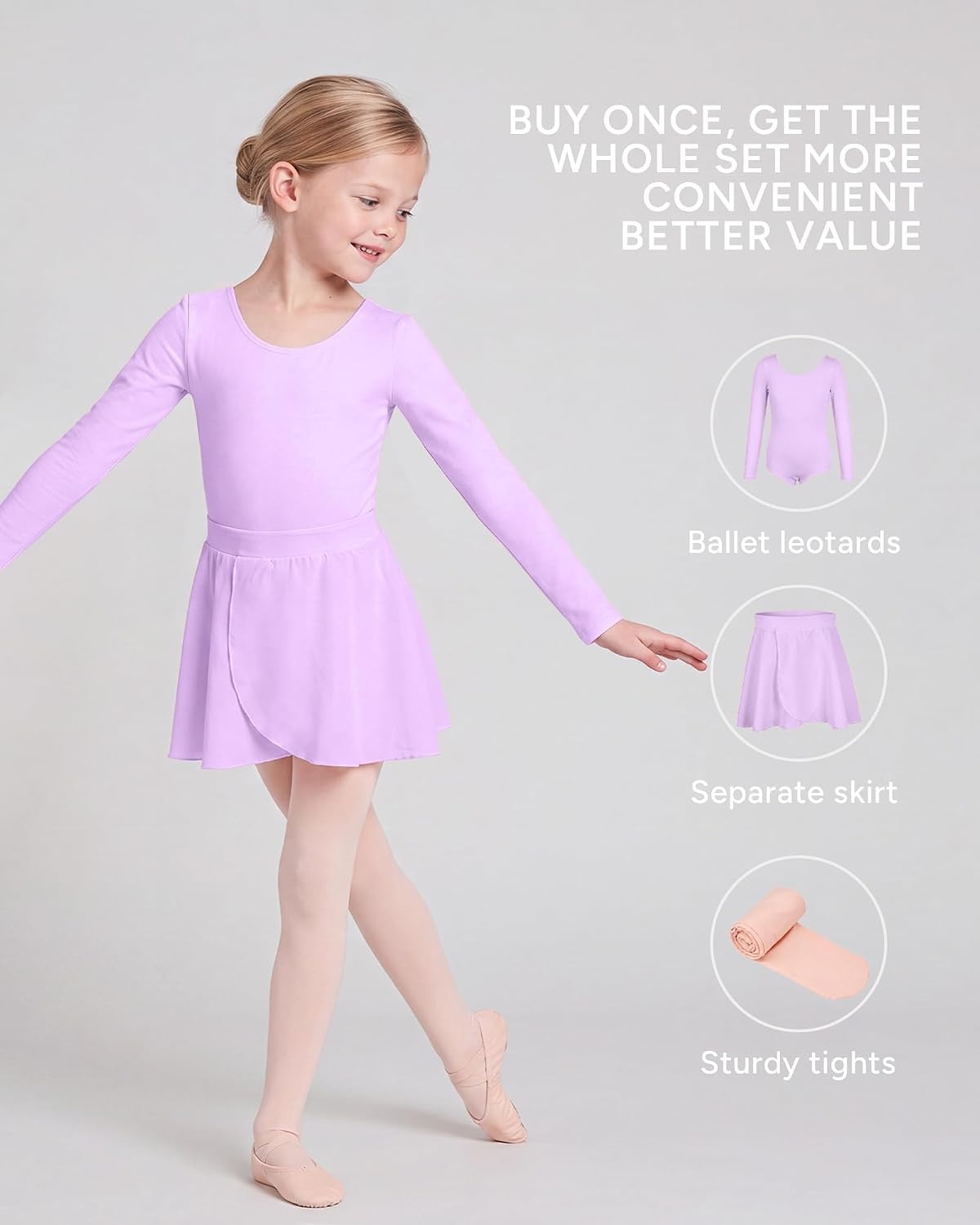Stelle Girls Ballet Leotards Dance Outfits with Skirt and Footed Tights(04-lavender-long Sleeve)