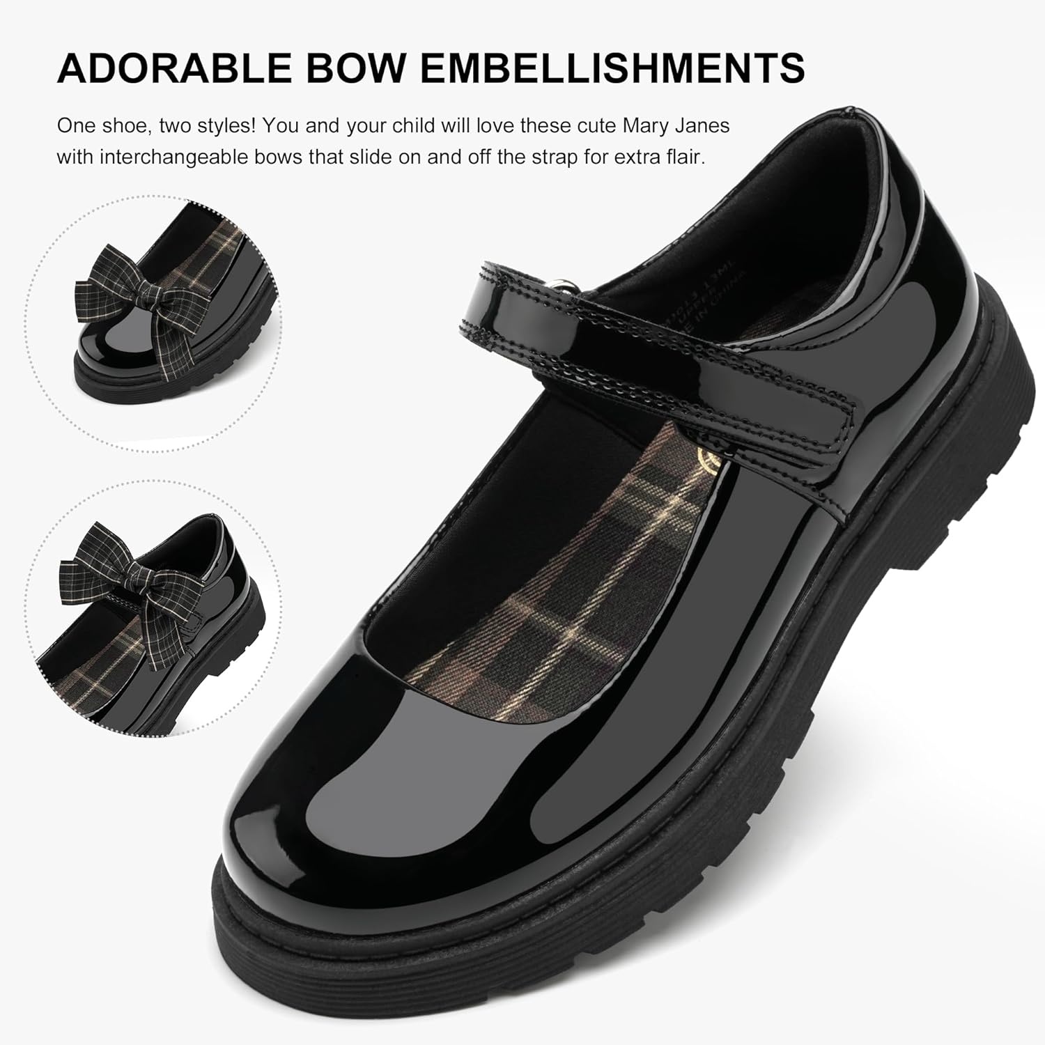 Stelle Girls Mary Jane Shoes School Uniform Flats Dress Shoes Detachable Bow Chunky Formal for Little/Big Kids(Publack Pat)
