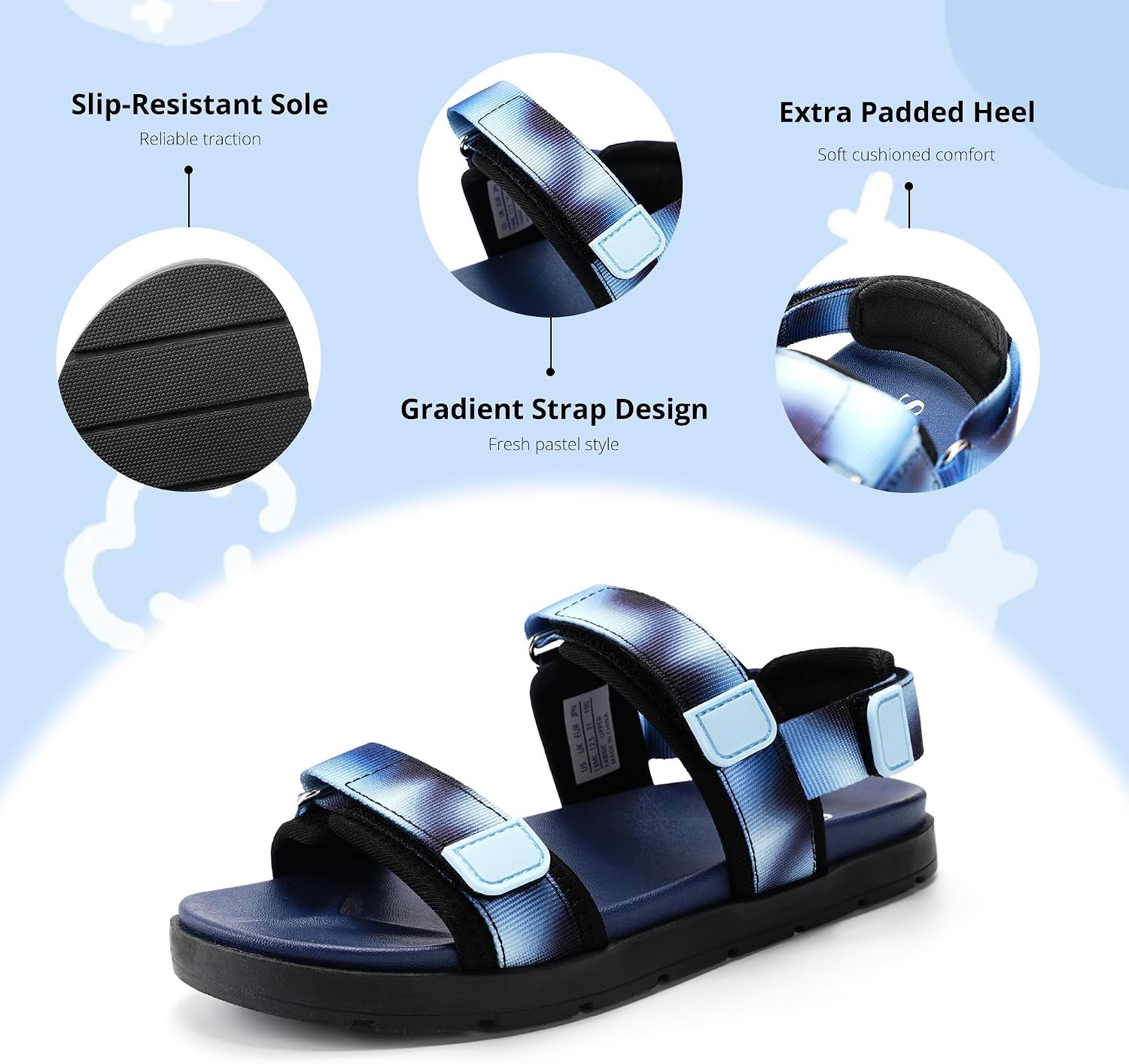 Stelle Girls Summer Casual Open-Toe Flat Toddler Kids Sandals | Triple Hook-and-Loop Straps Adjustable Fit Walking Outdoor Water Beach Play Lightweight Comfort Everyday Wear Girls & Boys(Blue Ombre)