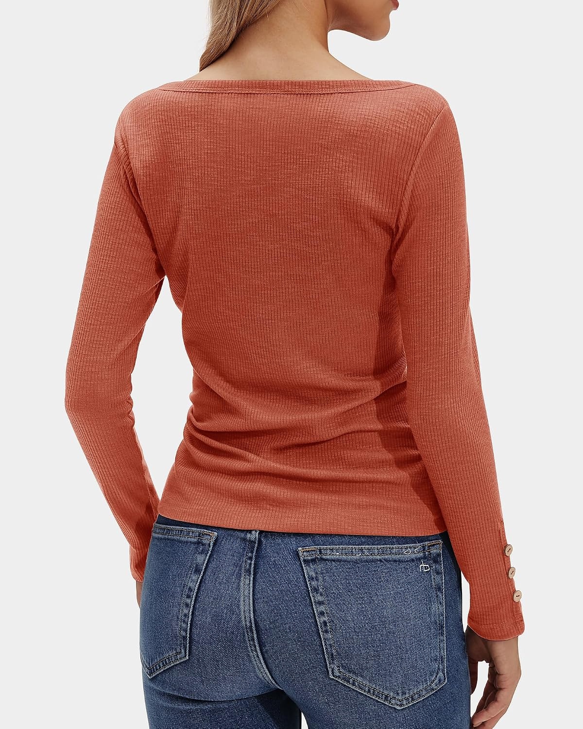 Stelle Women’s Ribbed Knit Henley Long Sleeve Button Top Loose Fit(Burnt Orange)