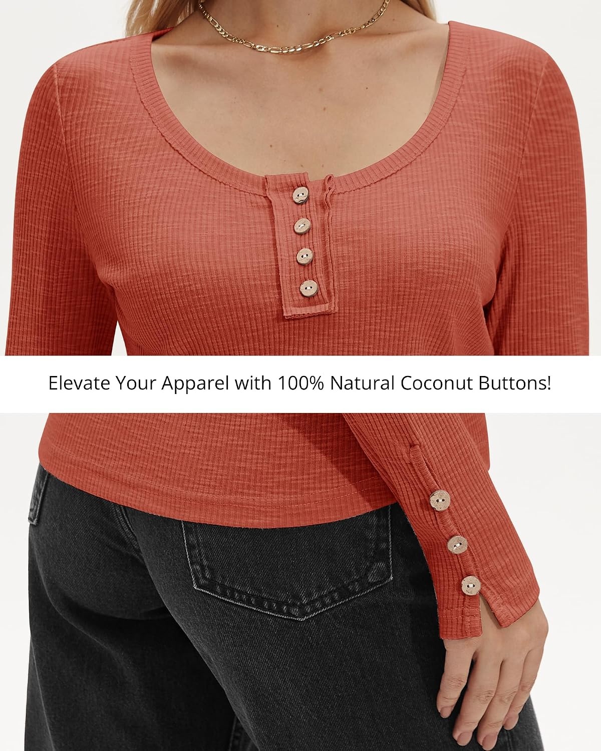 Stelle Women’s Ribbed Knit Henley Long Sleeve Button Top Loose Fit(Burnt Orange)