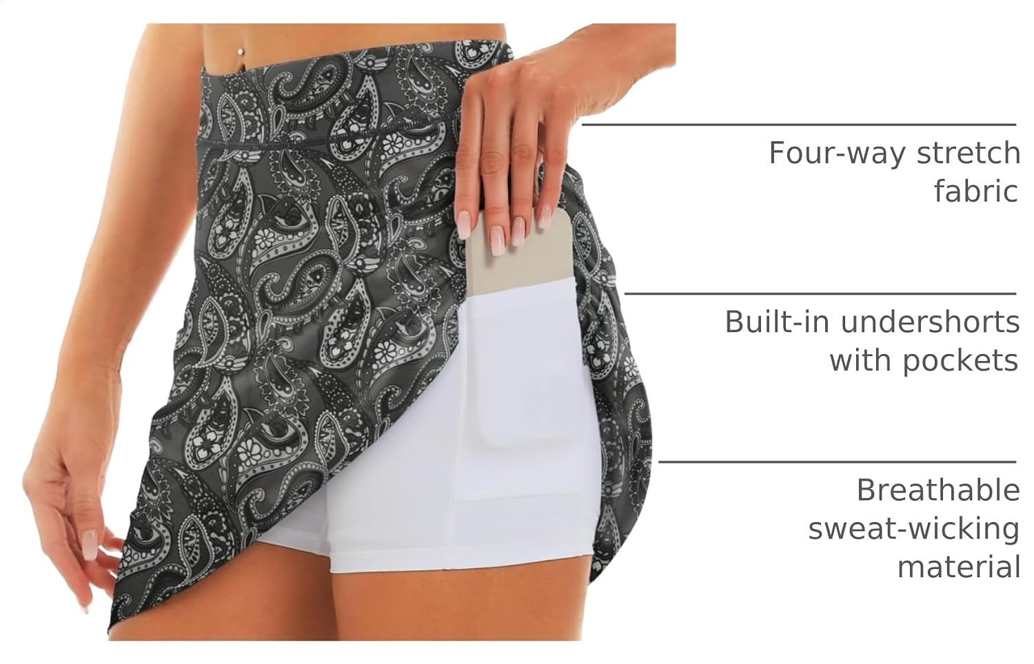 Stelle 17″ Golf Skirts for Women Pickleball Tennis Skorts with 2 Pockets | Athletic Skorts, High Waisted, Tummy Control, Built-In Shorts, Flattering Fit, Side Slits, Running(Noir Paisley Print)
