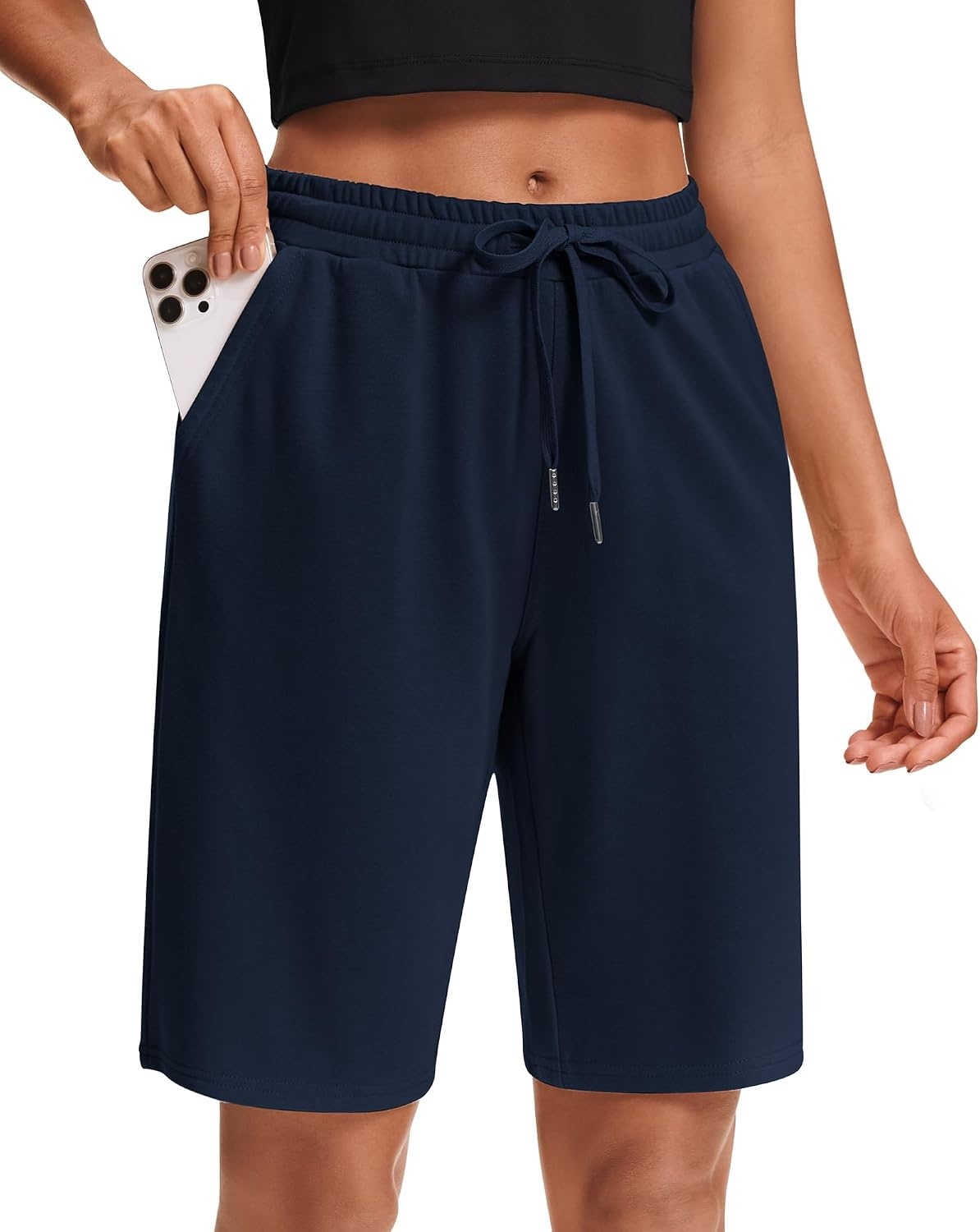 Stelle Women’s Cotton Bermuda Shorts 10″ Sweat Shorts with Deep Pockets(10″ Navy)