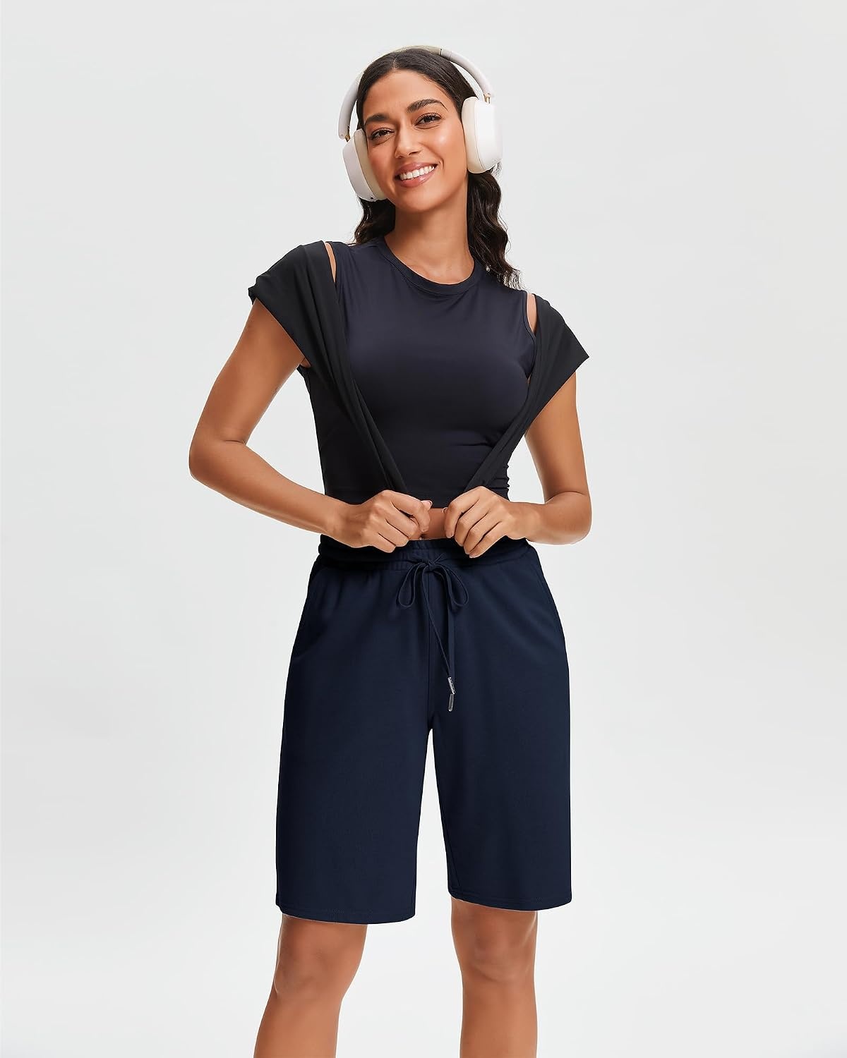 Stelle Women’s Cotton Bermuda Shorts 10″ Sweat Shorts with Deep Pockets(10″ Navy)