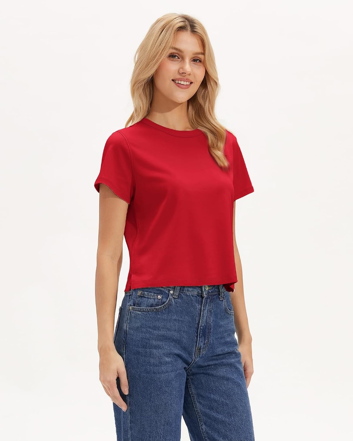 Stelle Women’s Short Sleeve Crewneck T-Shirts Cotton Basic Tees Summer Casual Solid Crop Tops(Red)
