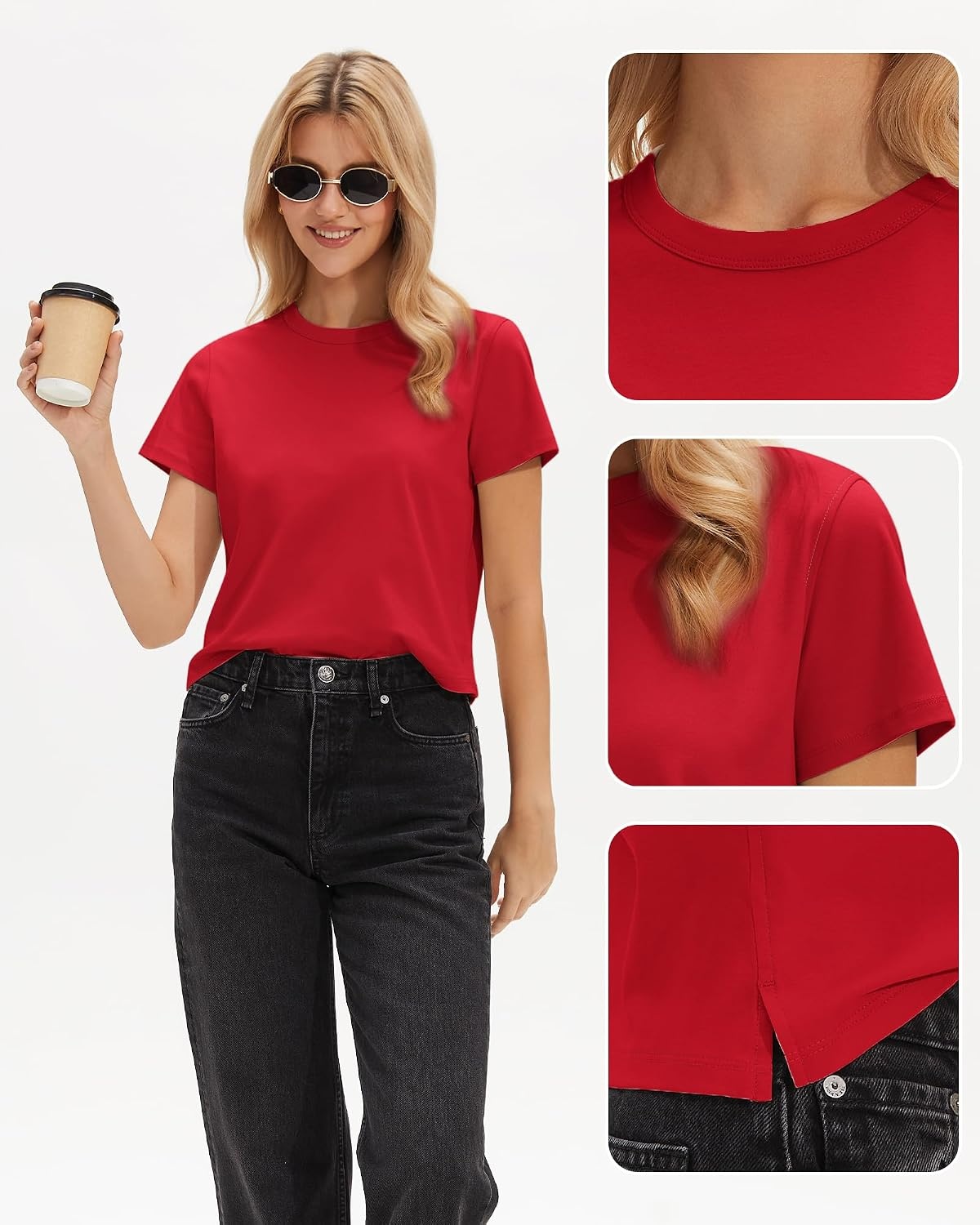 Stelle Women’s Short Sleeve Crewneck T-Shirts Cotton Basic Tees Summer Casual Solid Crop Tops(Red)