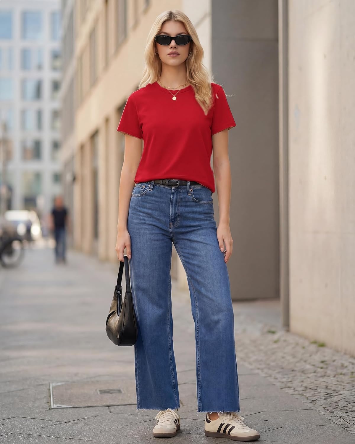 Stelle Women’s Short Sleeve Crewneck T-Shirts Cotton Basic Tees Summer Casual Solid Crop Tops(Red)