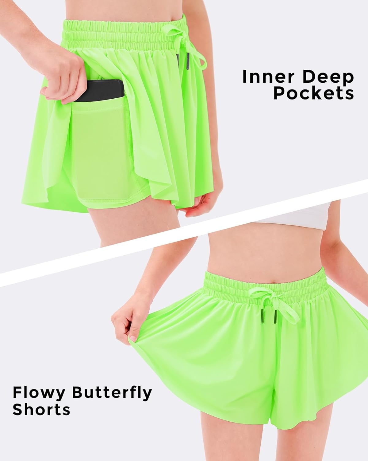 Stelle Girls Flowy Shorts with Pockets Athletic Running Skirt High Waist Butterfly 2 in 1 Sports Short 5-16 Years(Neon Yellow)