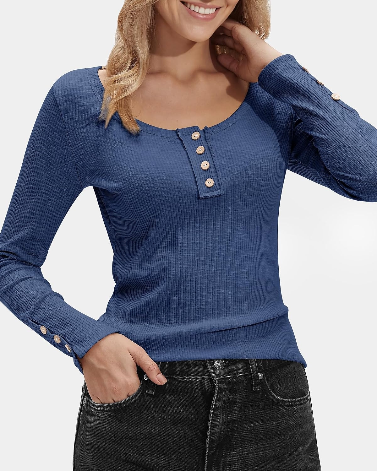 Stelle Women’s Long Sleeve Henley T Shirts Button Ribbed Knit Loose Fit Basic Tops Fall Fashion Outfits(Denim)