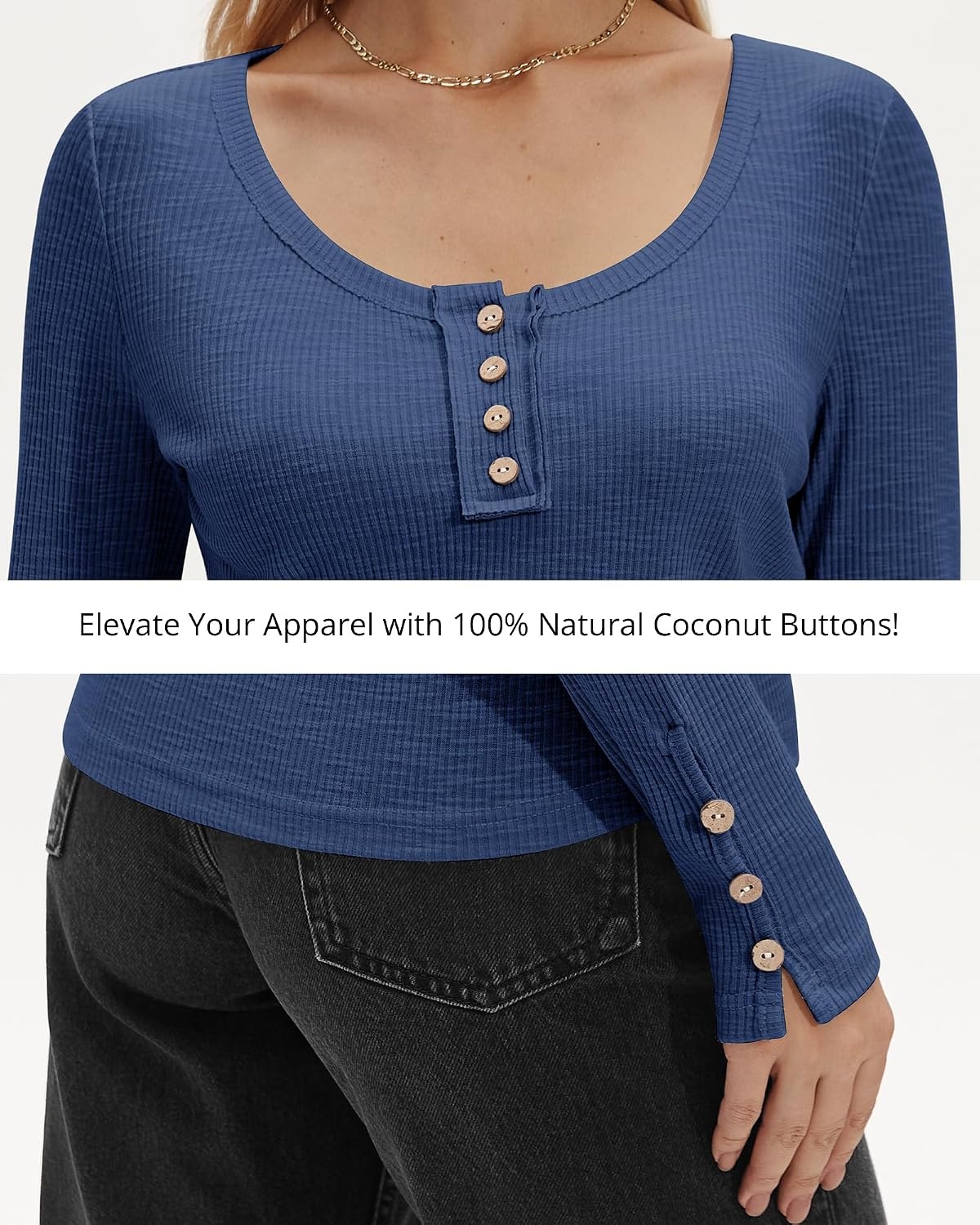 Stelle Women’s Long Sleeve Henley T Shirts Button Ribbed Knit Loose Fit Basic Tops Fall Fashion Outfits(Denim)