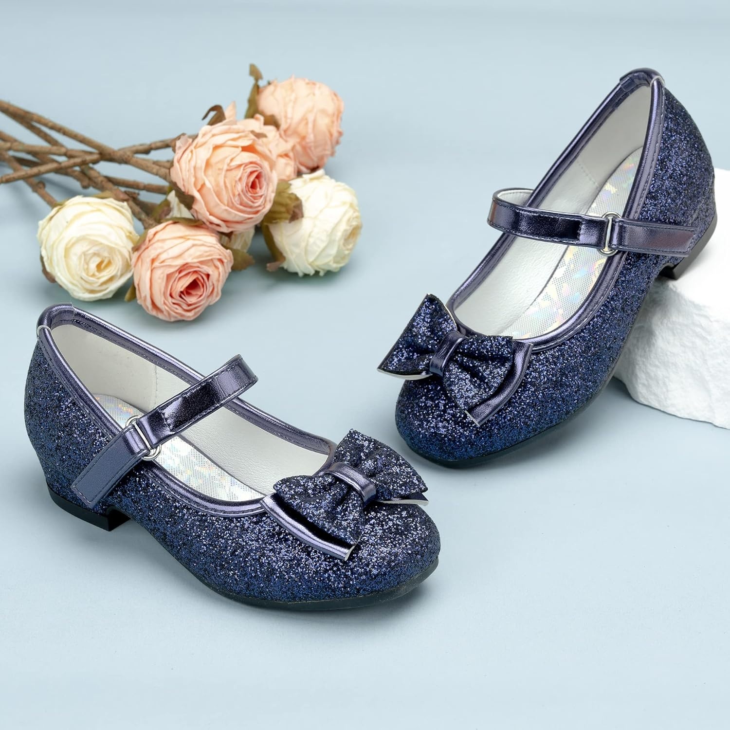Stelle Girls Dress Shoes Glitter Princess Shoe Flower Mary Jane Low Heels Party Wedding Prom Footwear for Toddler Kids(T08-navy Glitter)