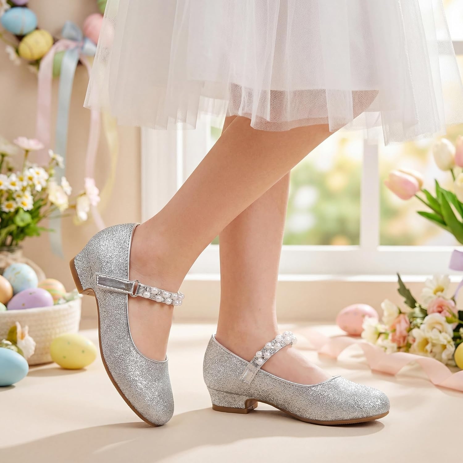 Stelle Girls Dress Shoes with Jeweled Strap for Wedding Flower Girl Party | Sparkling jewel strap, Cushioned comfort, Hook-and-loop closure, School, Dress occasions, Patent finish, Glitter finish(Siliver2)