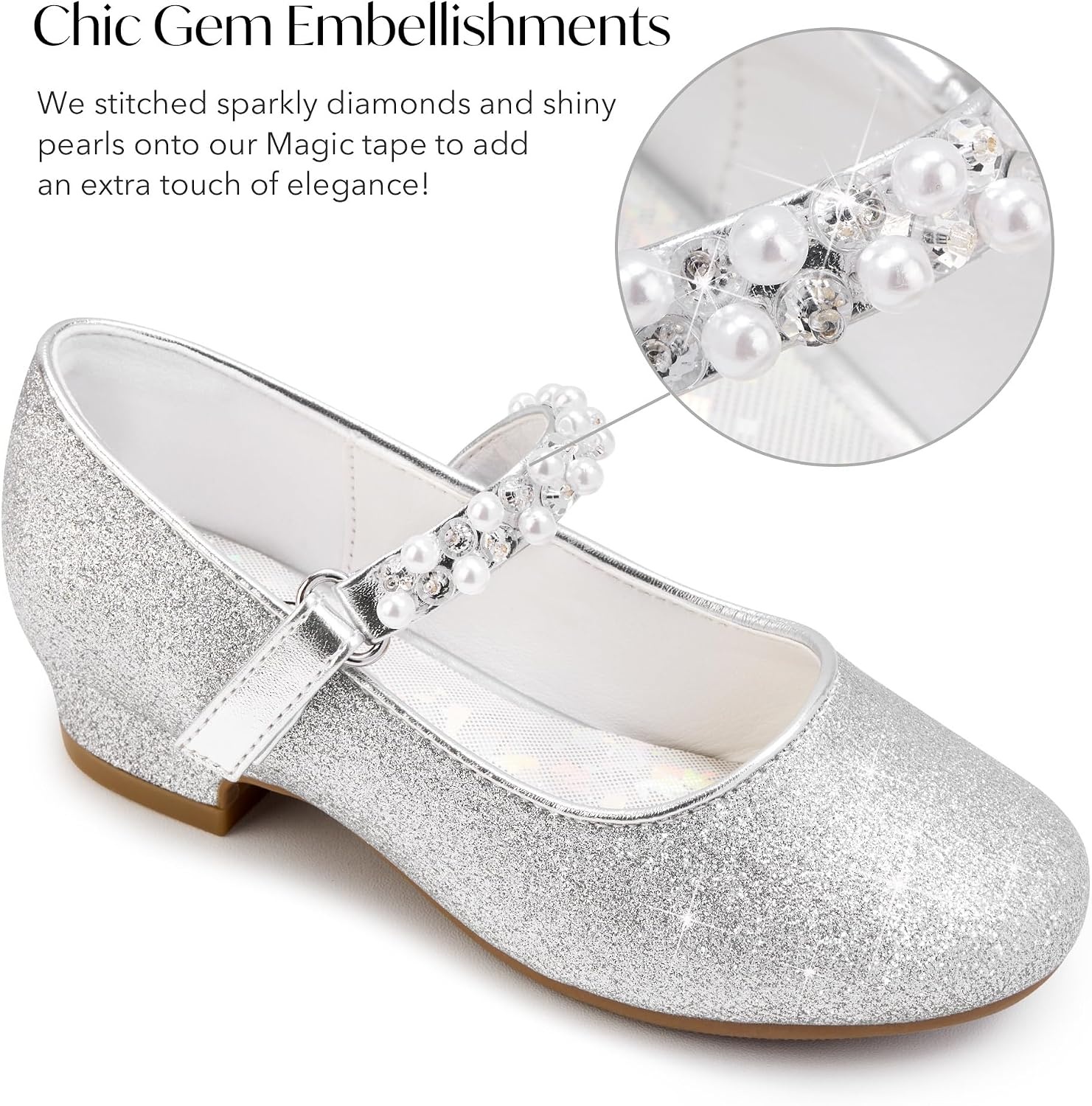 Stelle Girls Dress Shoes with Jeweled Strap for Wedding Flower Girl Party | Sparkling jewel strap, Cushioned comfort, Hook-and-loop closure, School, Dress occasions, Patent finish, Glitter finish(Siliver2)