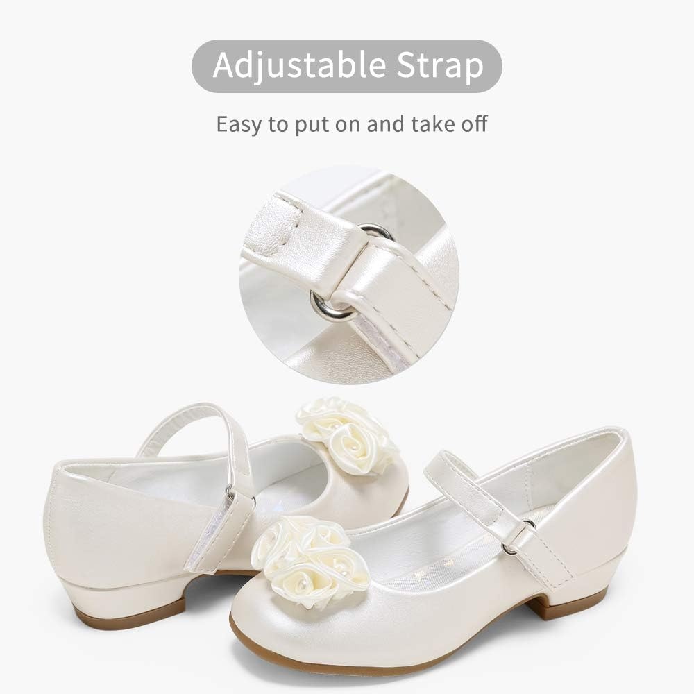 Stelle Girls Dress Shoes Flower Girl Shoe Mary Jane Low Heels for Wedding (Toddler/Little/Big Kid) | Sparkling jewel strap, Cushioned comfort, Hook-and-loop closure, School, Dress occasions, Patent finish, Glitter finish(Champagne (Flower))