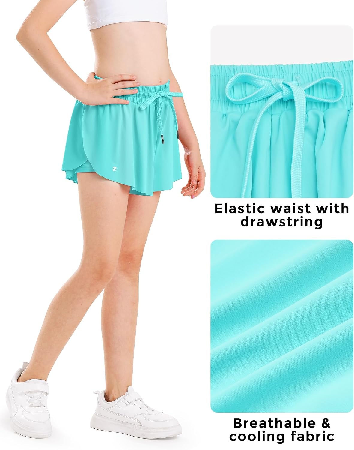 Stelle Girls Butterfly Shorts with Pockets Athletic Running Sports Skirt | 2 in 1 Sports short, 5-16 Years, Lightweight, Breathable, Quick-dry, Compression liner, 2 Inner pockets, Elastic waistband(Aqua Blue)