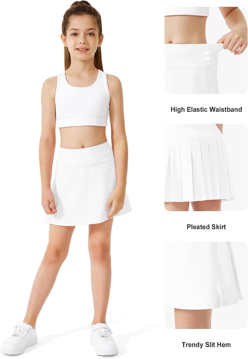 Stelle Girls Tennis Skirts with Inner Shorts Pockets Golf Skirts Athletic Running Workout Pleated Skort 5-15Years(White)
