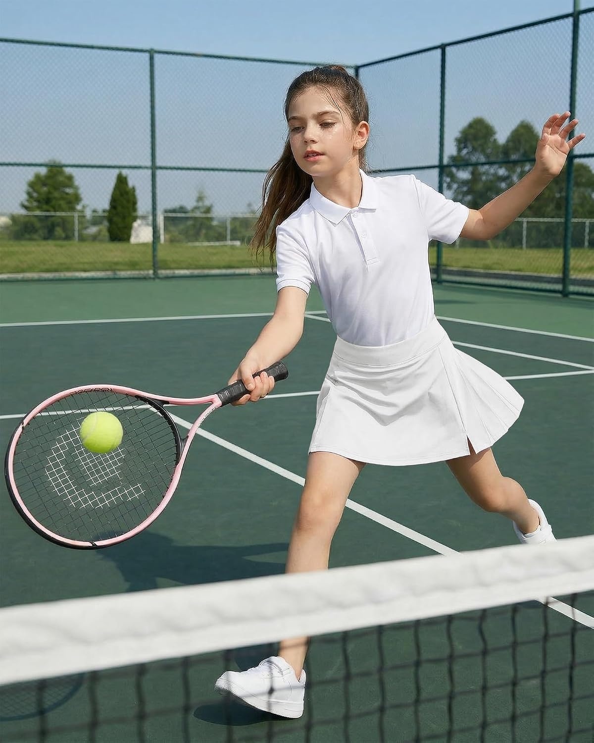 Stelle Girls Tennis Skirts with Inner Shorts Pockets Golf Skirts Athletic Running Workout Pleated Skort 5-15Years(White)