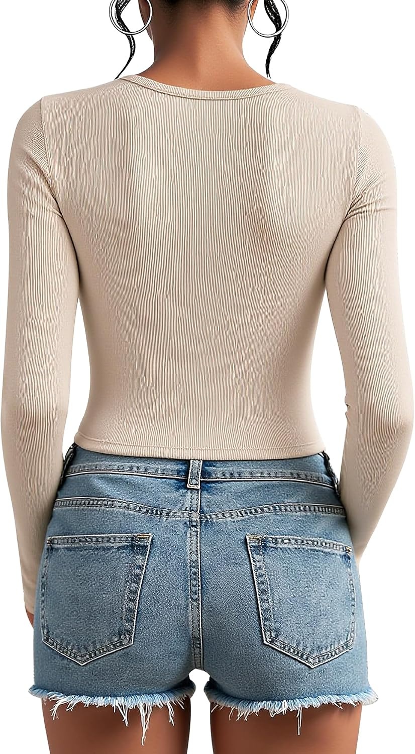 Stelle Cropped Henley Shirts for Women Long Sleeve V-Neck Shirt Ribbed Tops Knit Button Slim Fitted Blouse(Desert Beige)