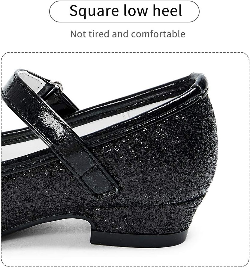 Stelle Girls Dress Shoes Glitter Princess Shoe Flower Mary Jane Low Heels Party Wedding Prom Footwear for Toddler Kids(T08-black Glitter)