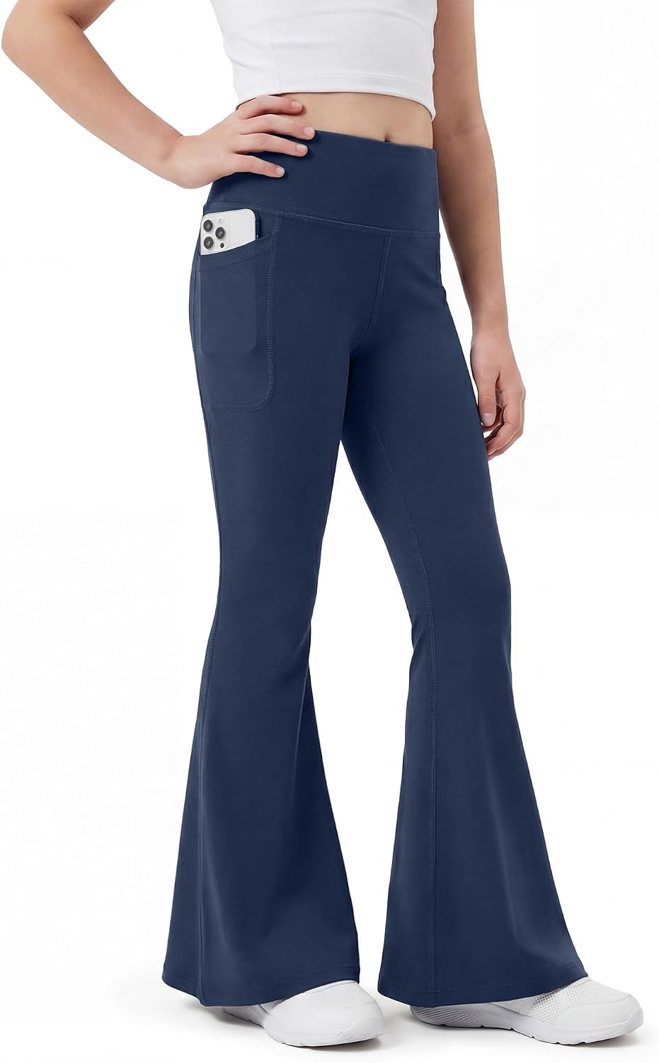Stelle Girls Flare Leggings with Pockets High Waisted Yoga Dance Pants | Soft 4-Way Stretch Fabric,High-Waisted Fit,Two Side Pockets,Moisture-Wicking,Flared Leg Design for Dance,Yoga Everyday Wear(Navy)
