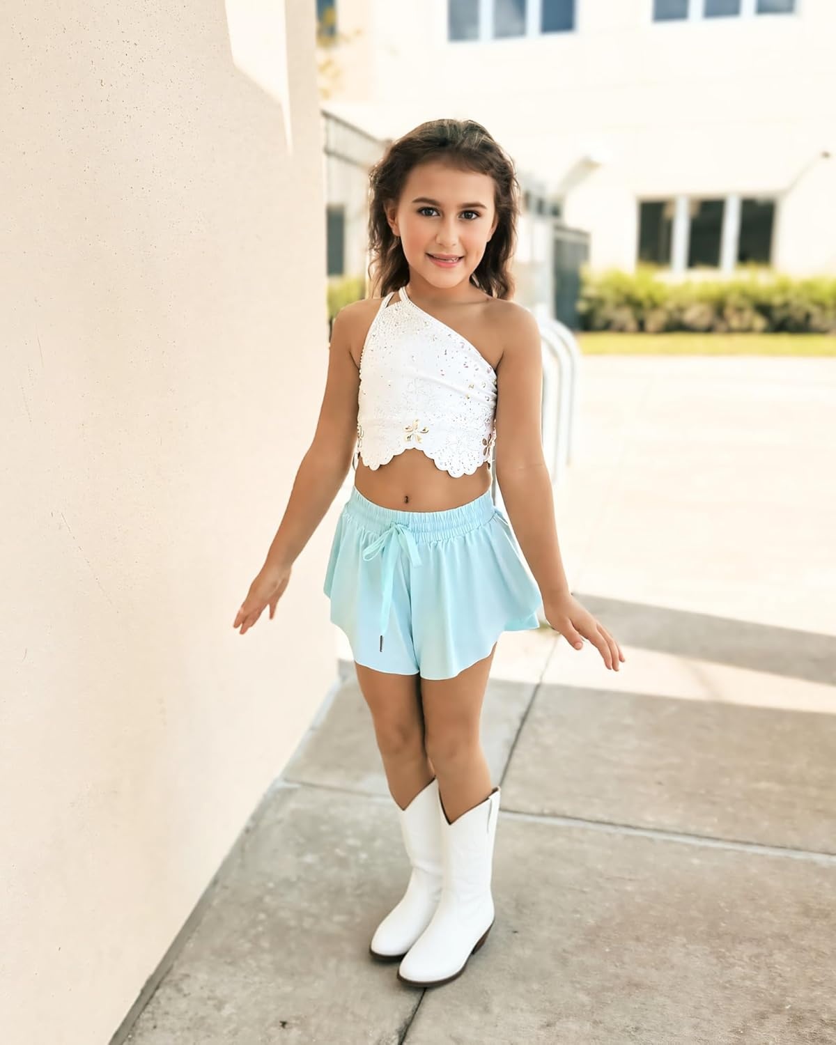 Stelle Girls Flowy Shorts with Pockets Athletic Running Skirt High Waist Butterfly 2 in 1 Sports Short 5-16 Years(Light Blue)