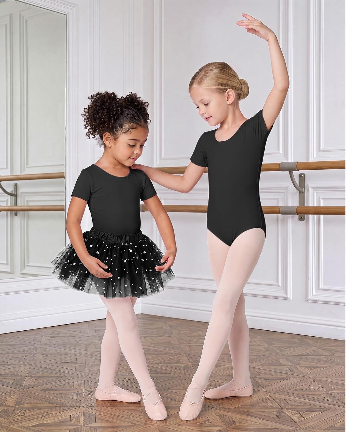 Stelle Girls Ballet Leotards Dance Outfits with Skirt and Footed Tights(02-black (Shiny Tutu Skirt))