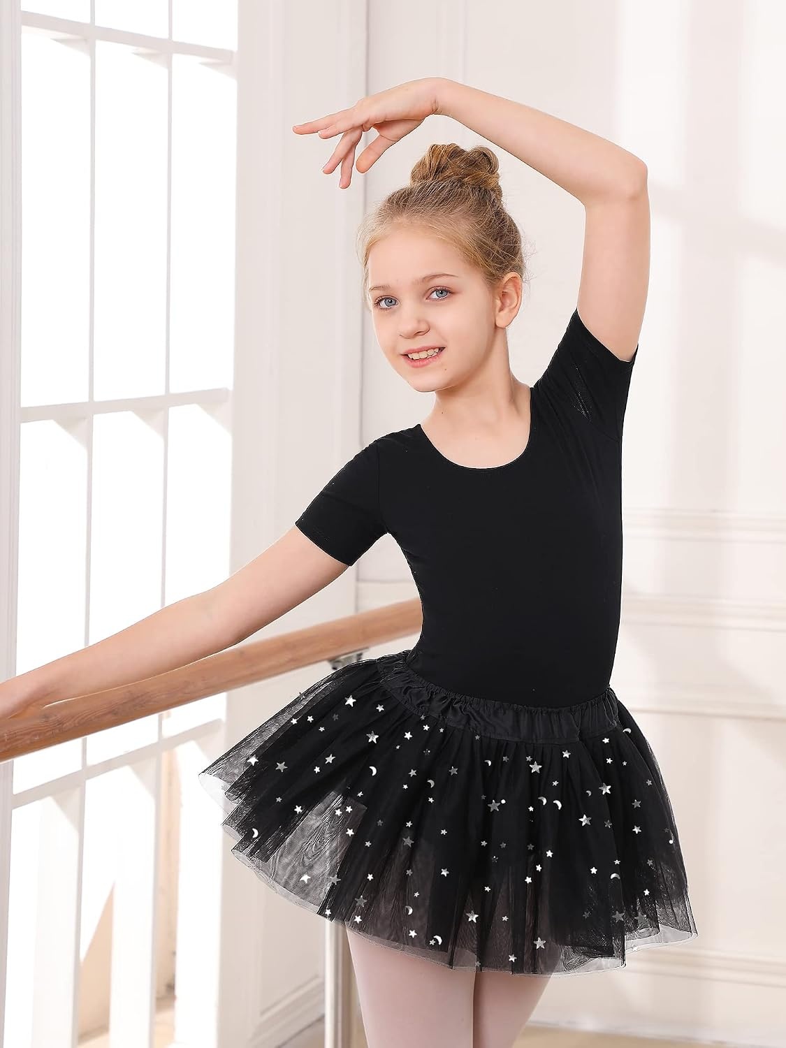 Stelle Girls Ballet Leotards Dance Outfits with Skirt and Footed Tights(02-black (Shiny Tutu Skirt))