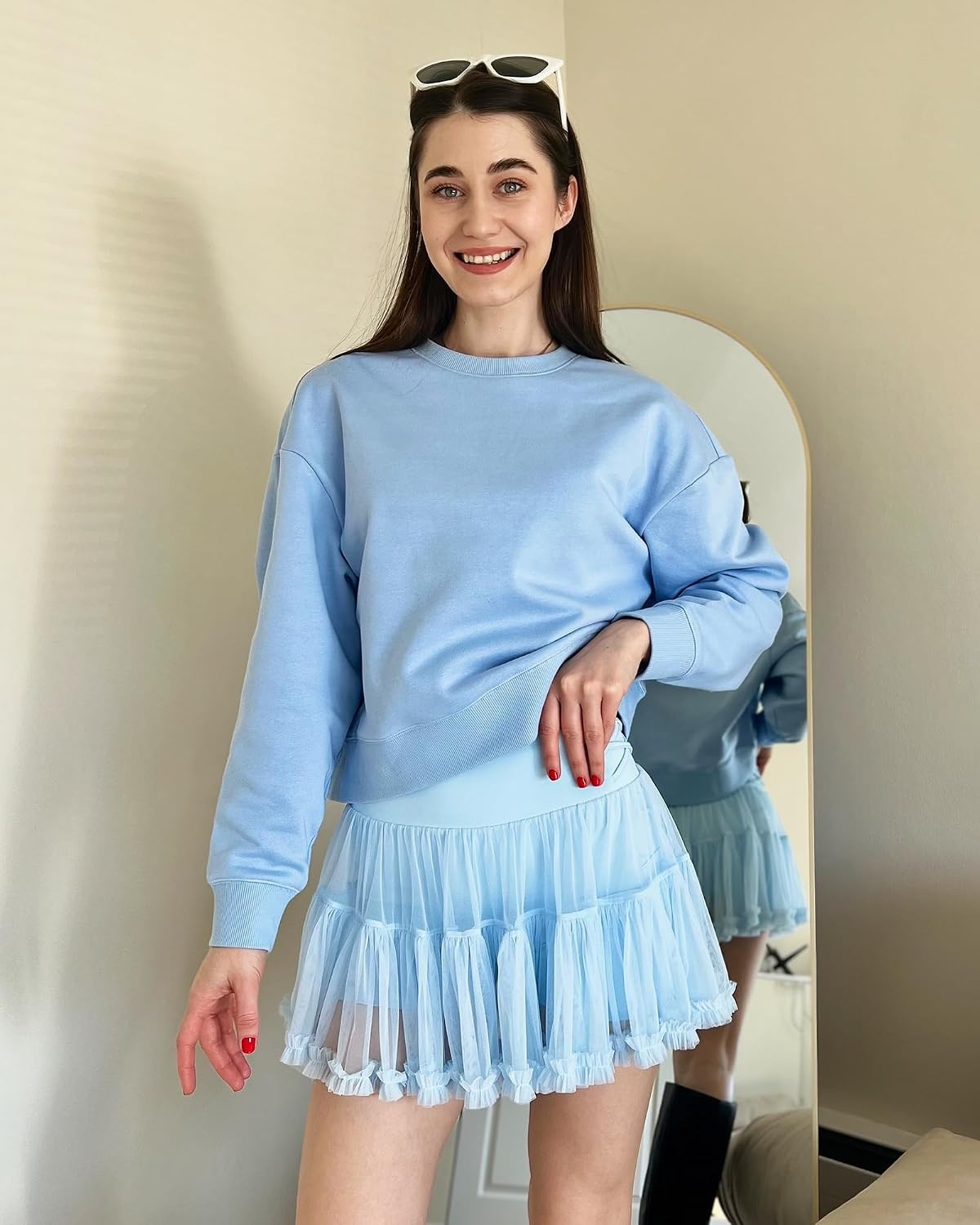 Stelle Women’s High Waist Athletic Skorts with Shorts Pockets Ruffle Flowy Mini Cake Skirt Layered Pleated Cute Casual Summer(Light Blue)