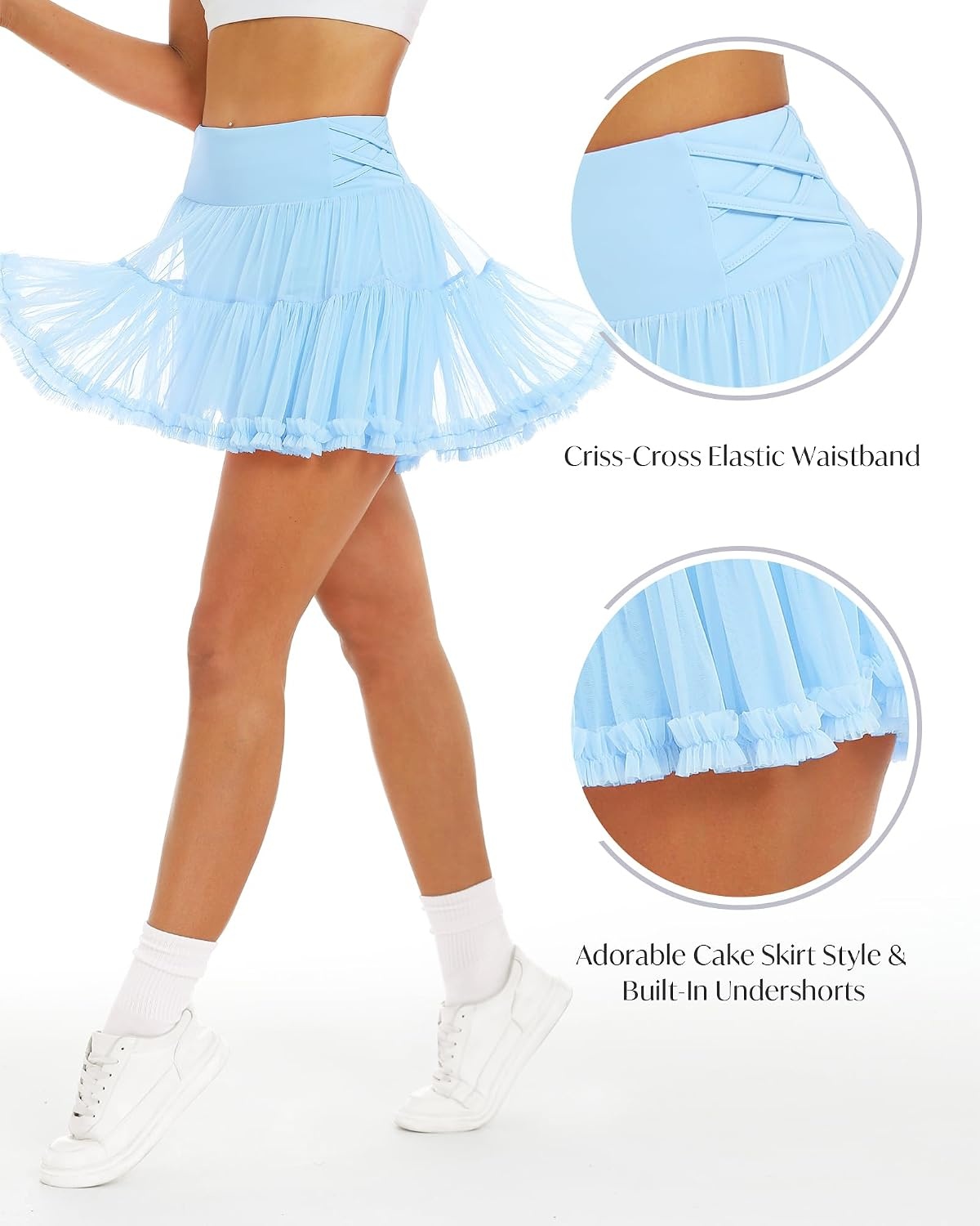 Stelle Women’s High Waist Athletic Skorts with Shorts Pockets Ruffle Flowy Mini Cake Skirt Layered Pleated Cute Casual Summer(Light Blue)