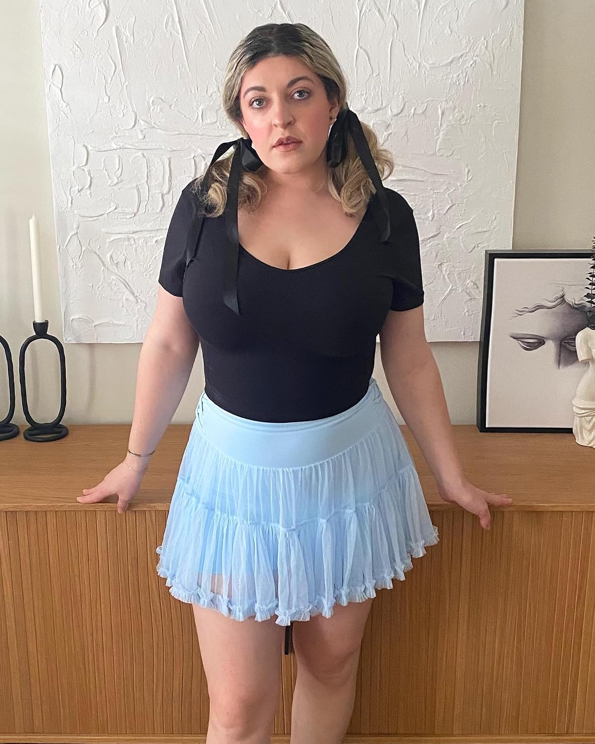 Stelle Women’s High Waist Athletic Skorts with Shorts Pockets Ruffle Flowy Mini Cake Skirt Layered Pleated Cute Casual Summer(Light Blue)