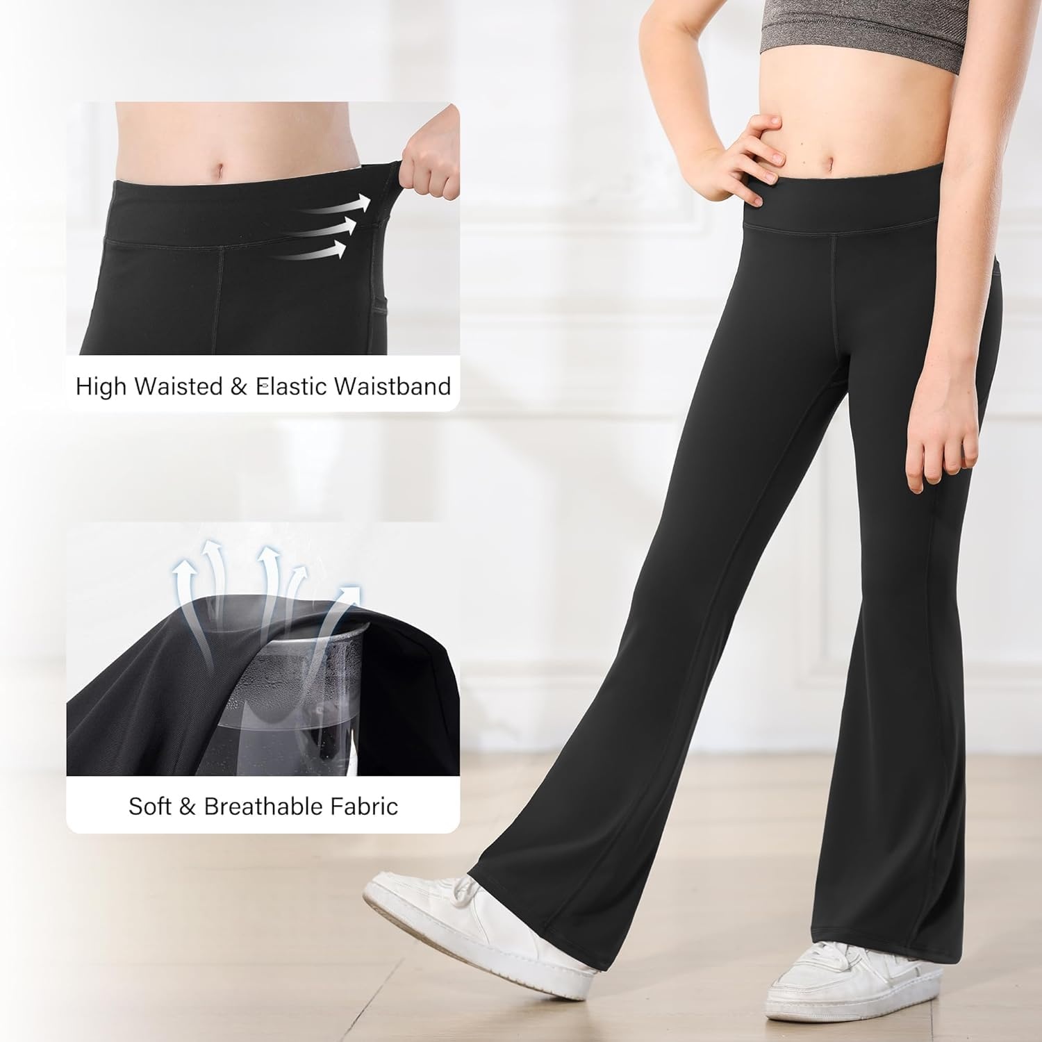 Stelle Girls Flare Leggings with Pockets High Waisted Bootcut Yoga Pants(14-c4-4*black)